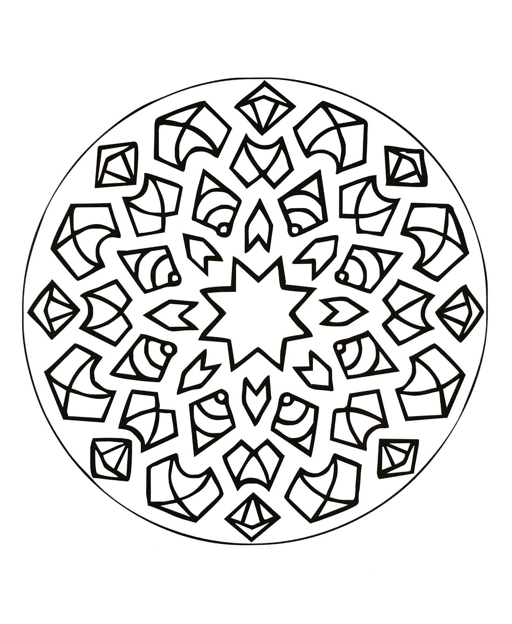 Un Mandala avec en son centre une étoile, facile à colorier, parfait pour les plus jeunes, avec de larges zones à colorier.