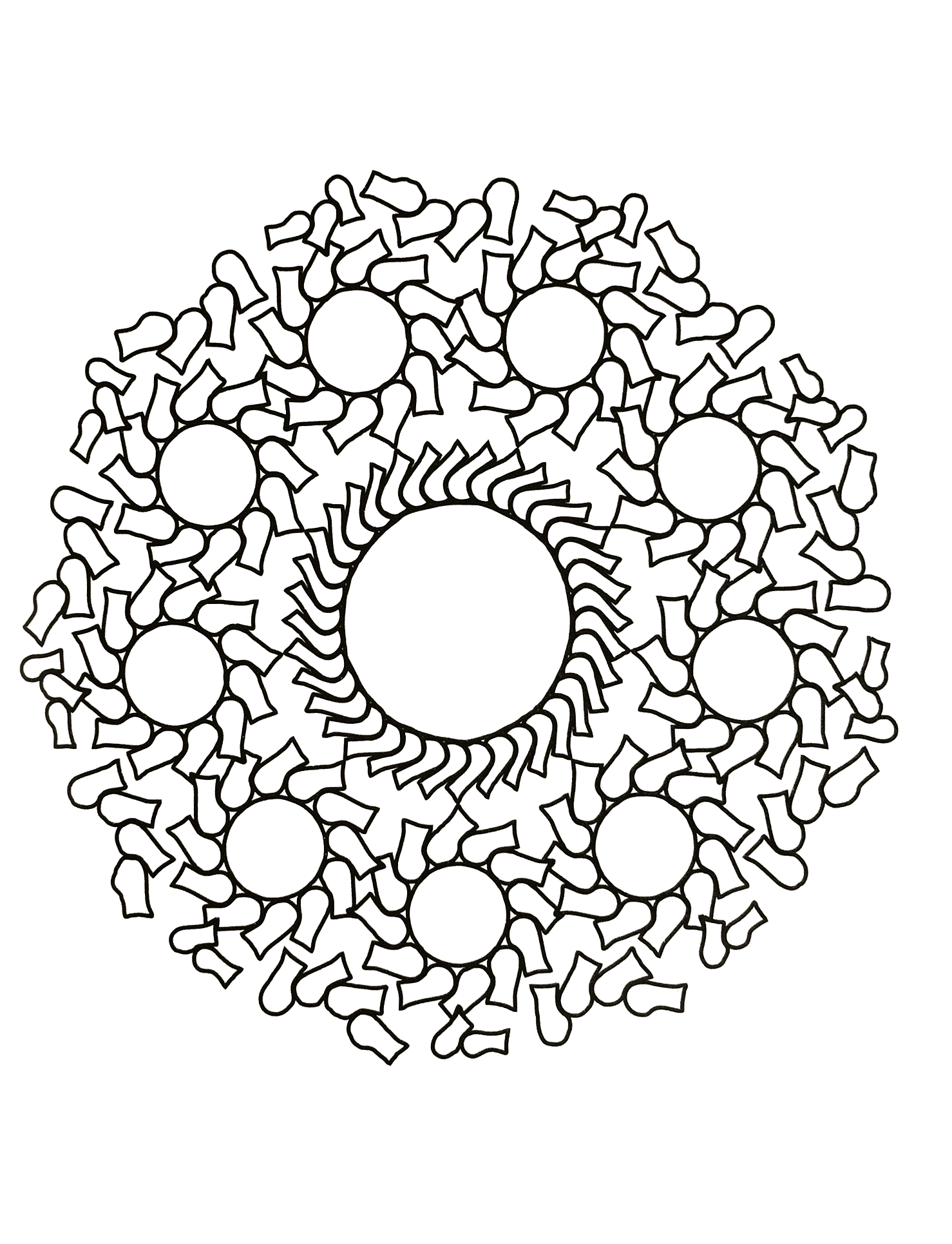 Un coloriage de Mandala pour les plus jeunes, faible niveau de difficulté. De larges zones facile à remplir.