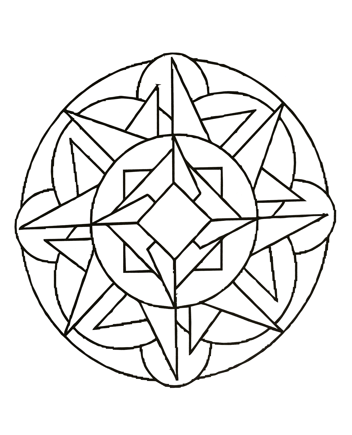 Un coloriage de Mandala pour les plus jeunes, faible niveau de difficulté. De larges zones facile à remplir.