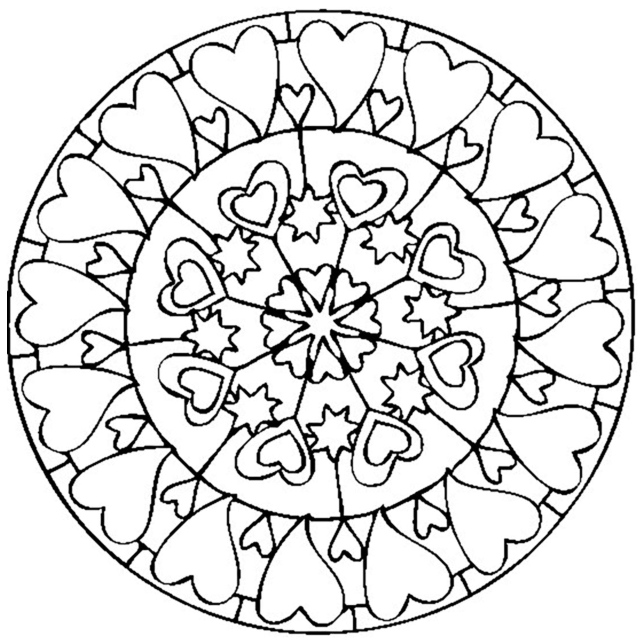 Peu de détails à colorier dans ce Mandala assez simple composé de coeurs, qui conviendra aux enfants et aux adultes qui recherchent de la simplicité.