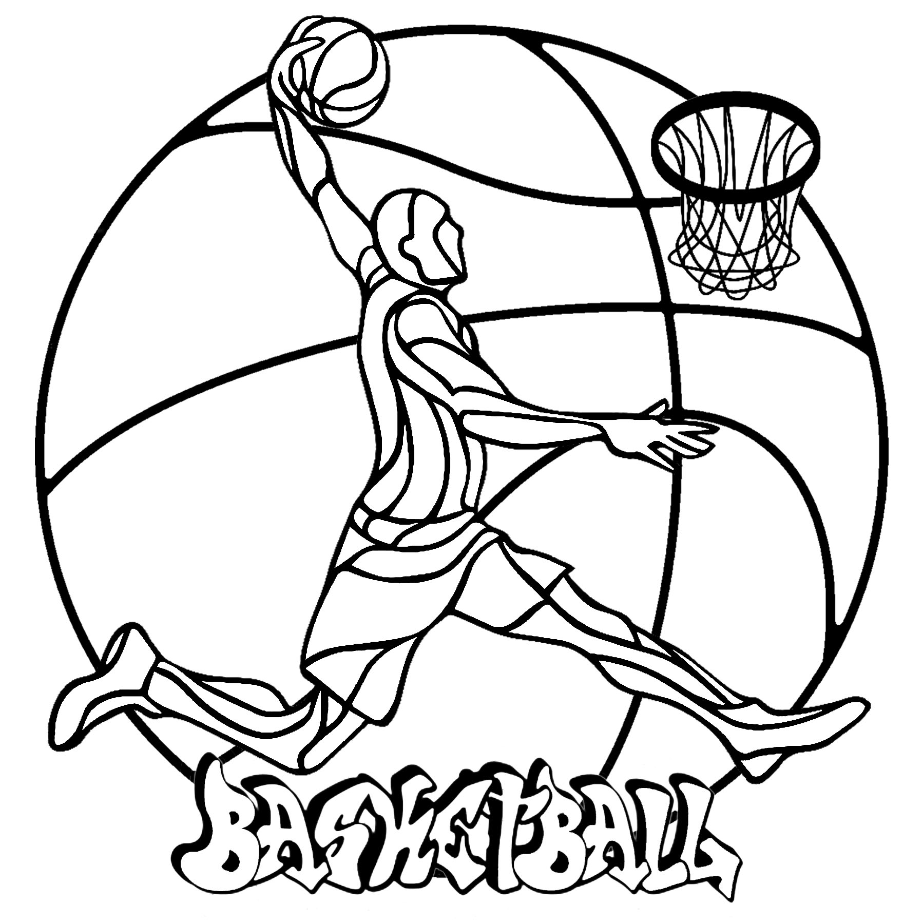 Un Mandala simple sur le thème du Basketball, avec un joueur de basket, un ballon, un panier et un tag 'Basketball', Artiste : Art'Isabelle