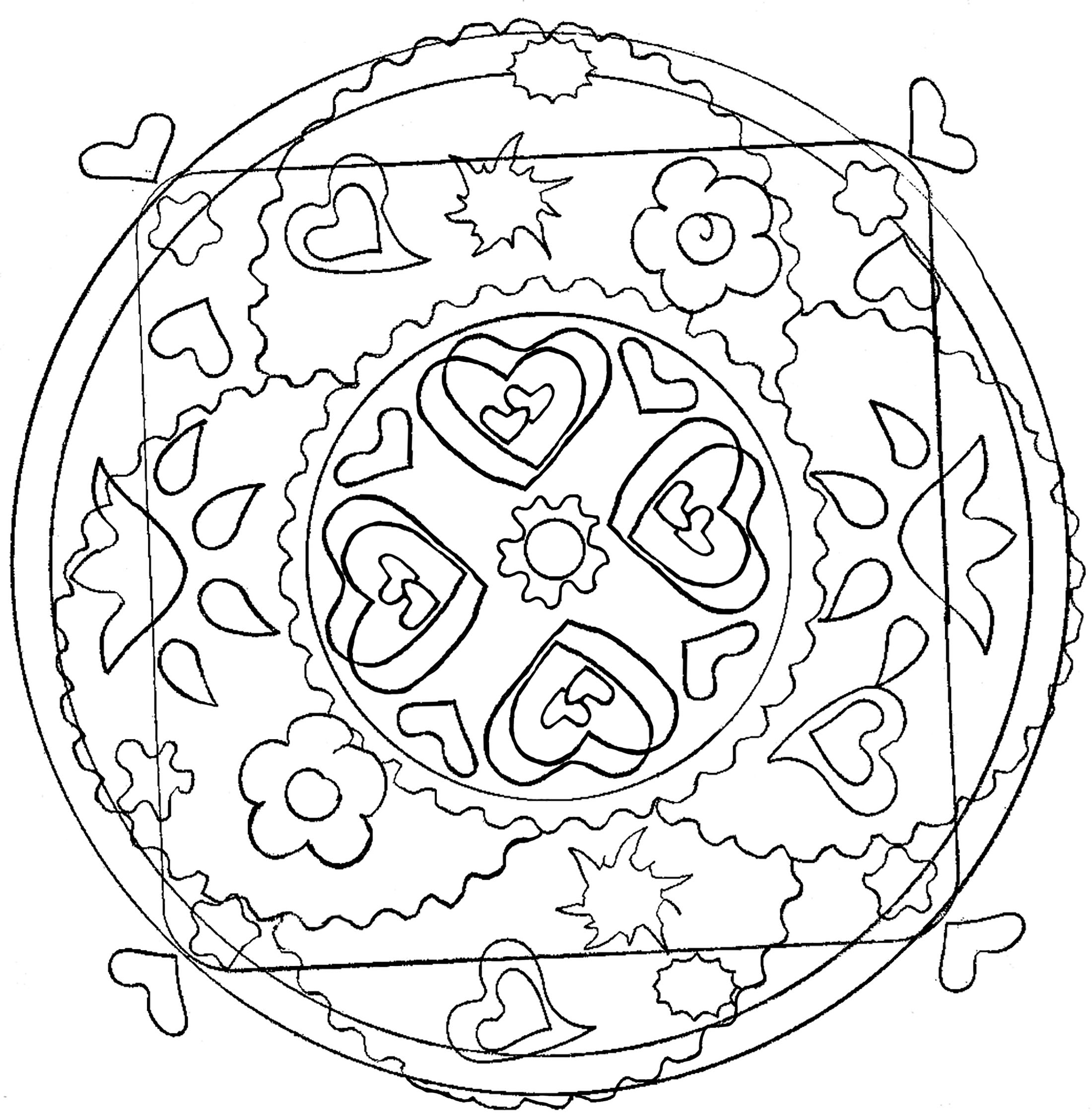 Un coloriage de Mandala pour les plus jeunes, faible niveau de difficulté. De larges zones facile à remplir.
