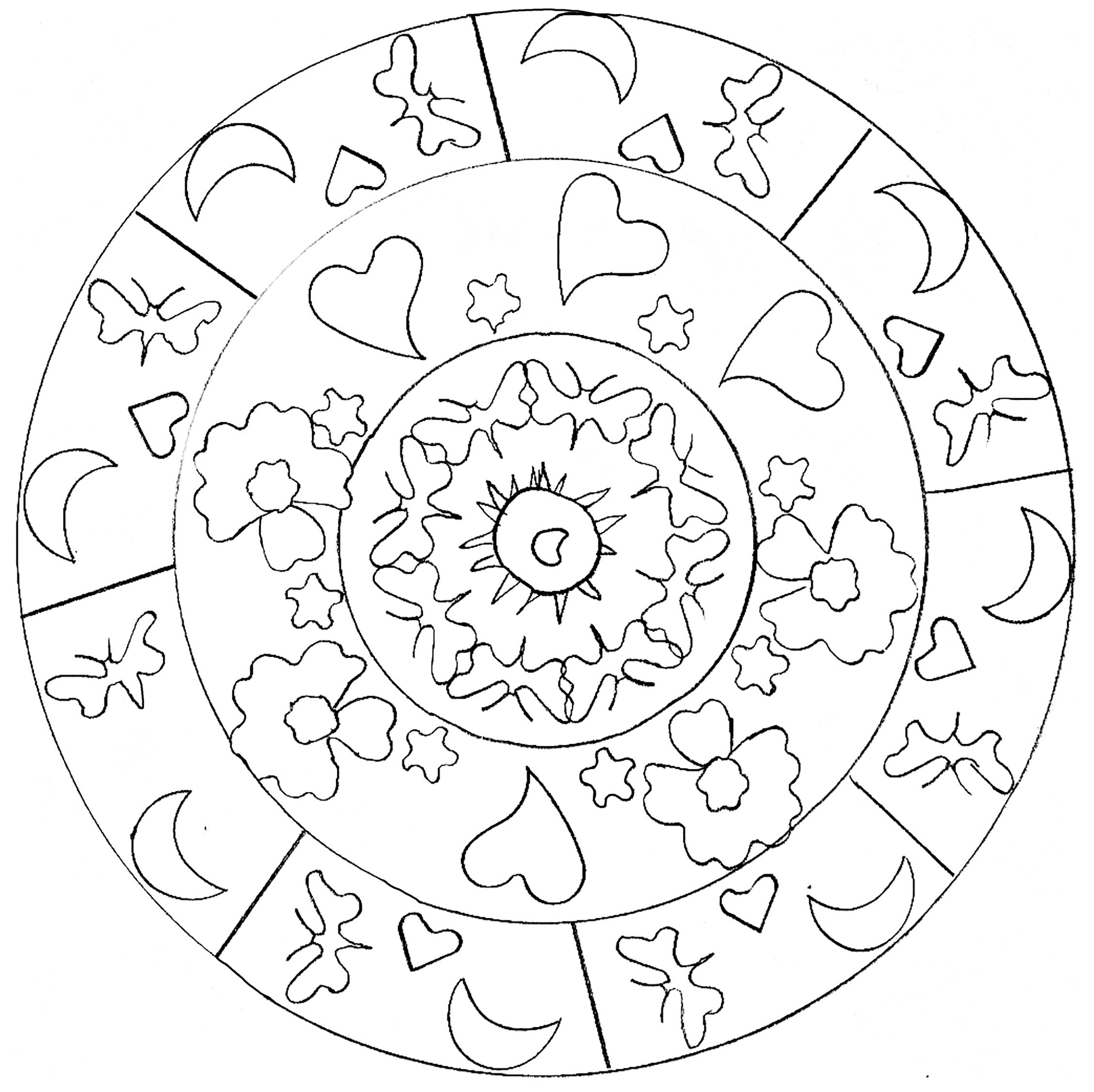 Un Mandala facile à colorier, avec des formes de coeurs, d'étoiles, de lunes, de papillons ... parfait pour les plus jeunes, avec de larges zones à colorier.