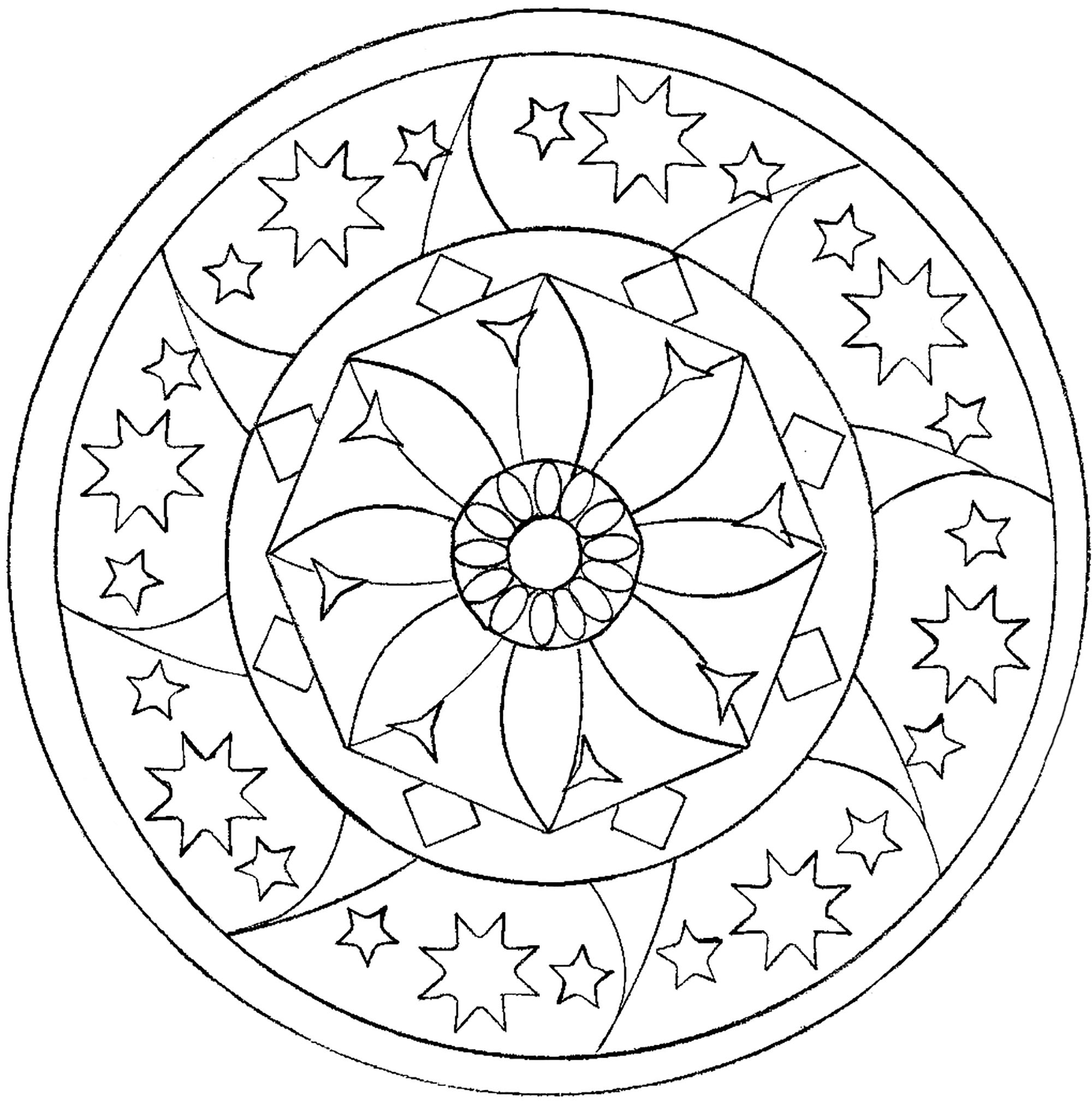 Peu de détails à colorier dans ce Mandala assez simple, qui conviendra aux enfants et aux adultes qui recherchent de la simplicité.