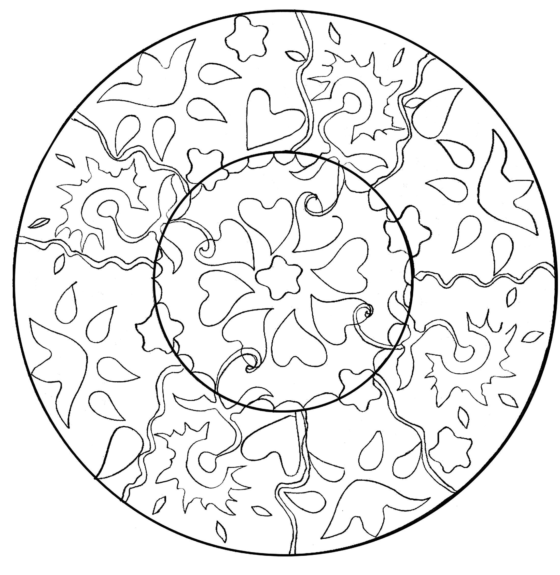 Un coloriage de Mandala pour les plus jeunes, faible niveau de difficulté. De larges zones facile à remplir.