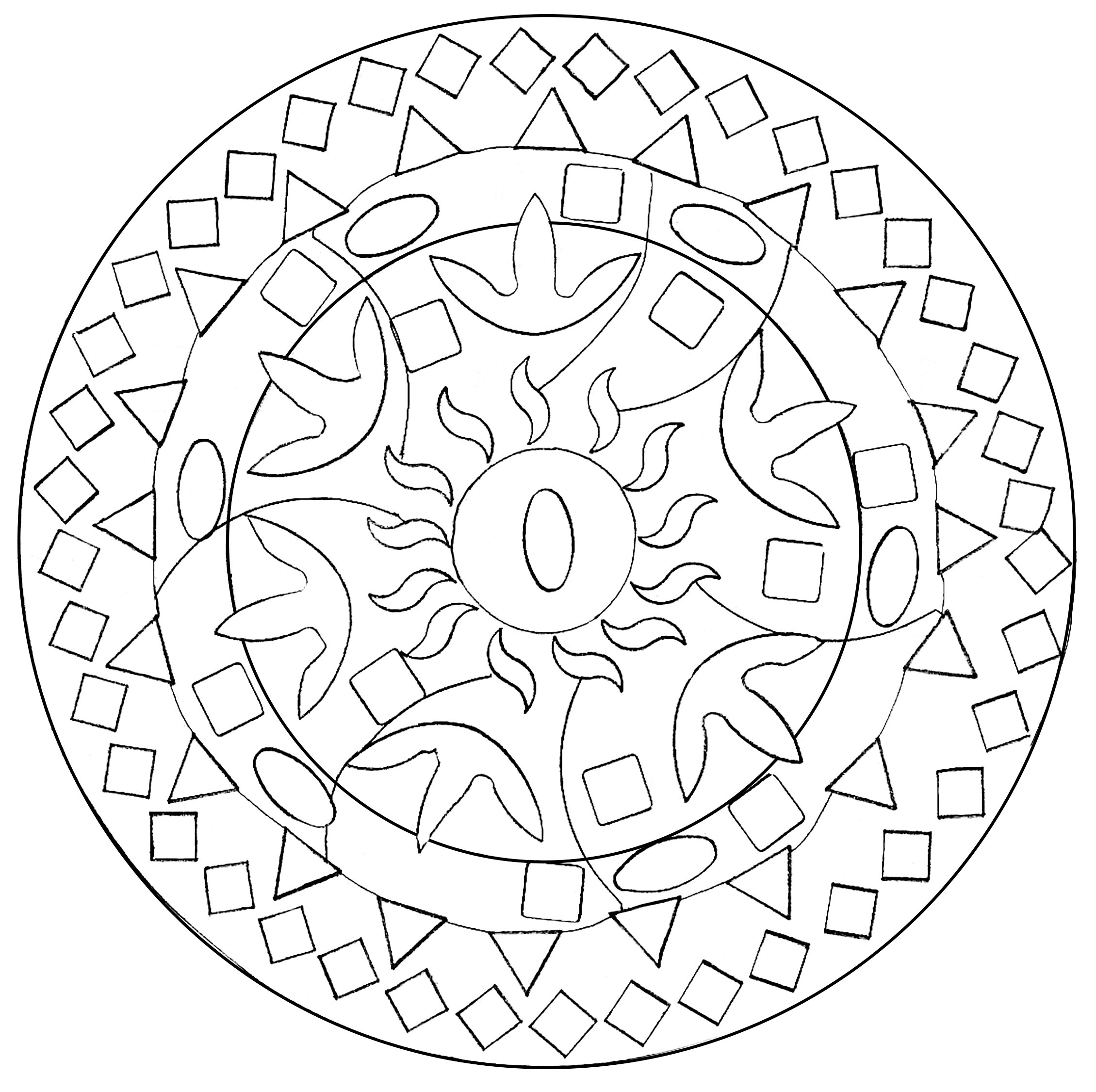 Un Mandala aux formes géométriques, facile à colorier, parfait pour les plus jeunes, avec de larges zones à colorier.