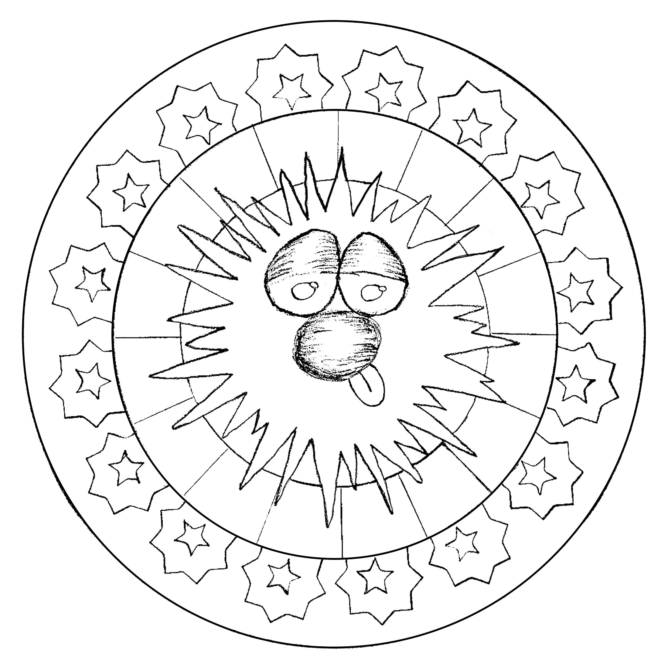 Peu de détails à colorier dans ce Mandala assez simple et drôle, qui conviendra aux enfants et aux adultes qui recherchent de la simplicité.