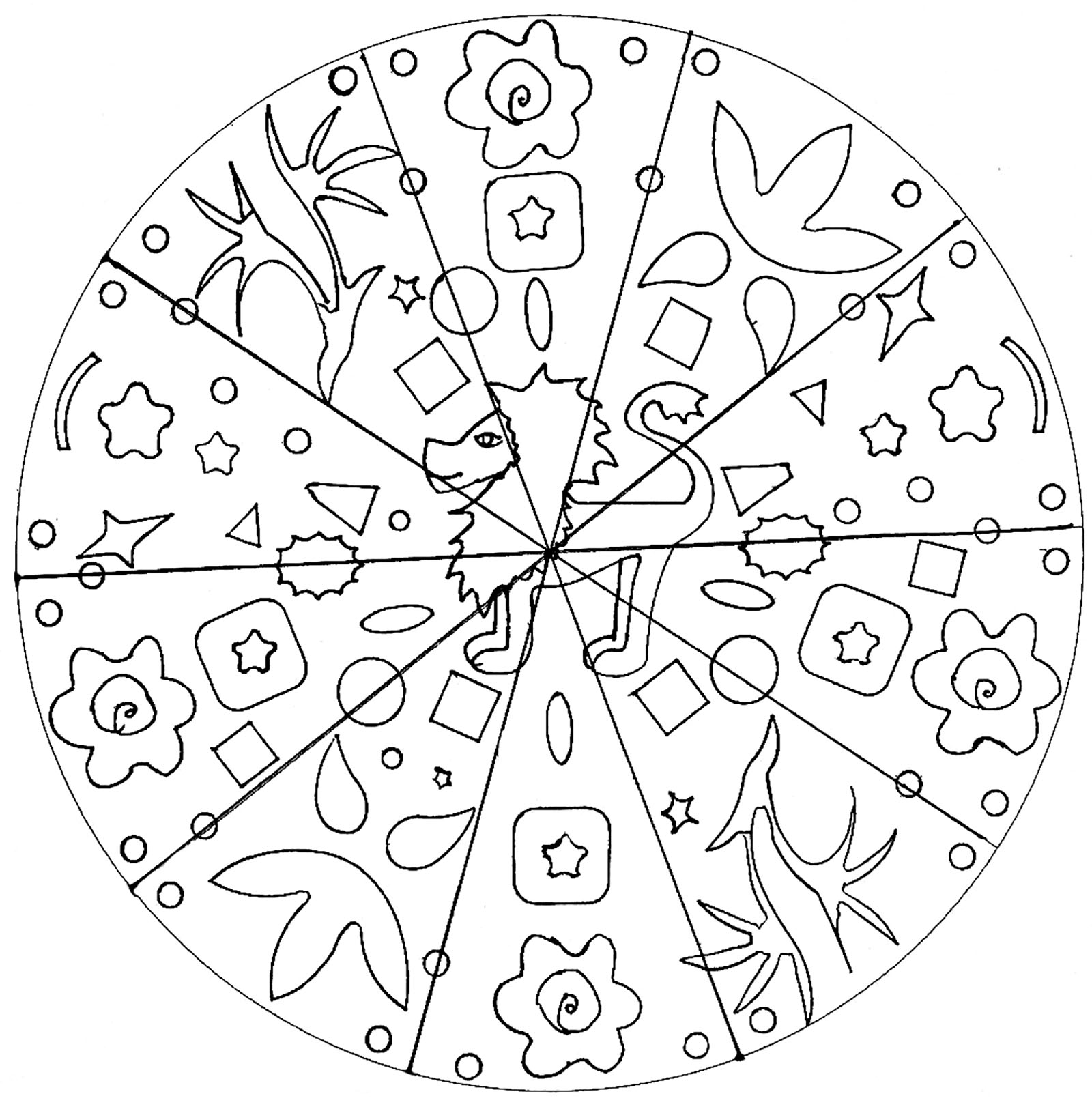 Un Mandala parfait si vous avez envie de simplicité ou que vous disposez de peu de temps pour colorier. Avez-vous vu le beau lion caché dans le dessin ?