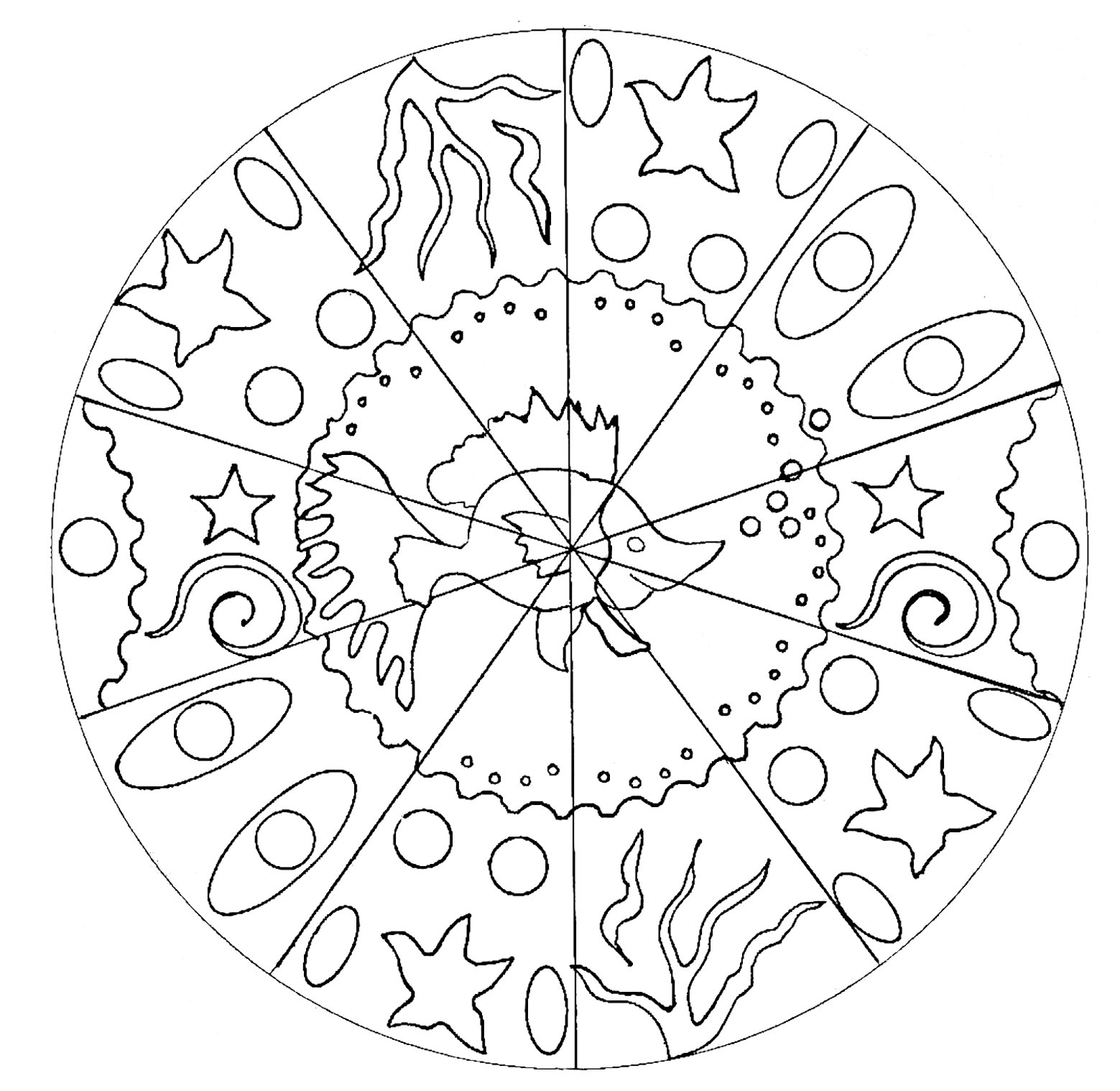 Un coloriage de Mandala pour les plus jeunes, faible niveau de difficulté. Il y a un joli poisson au milieu