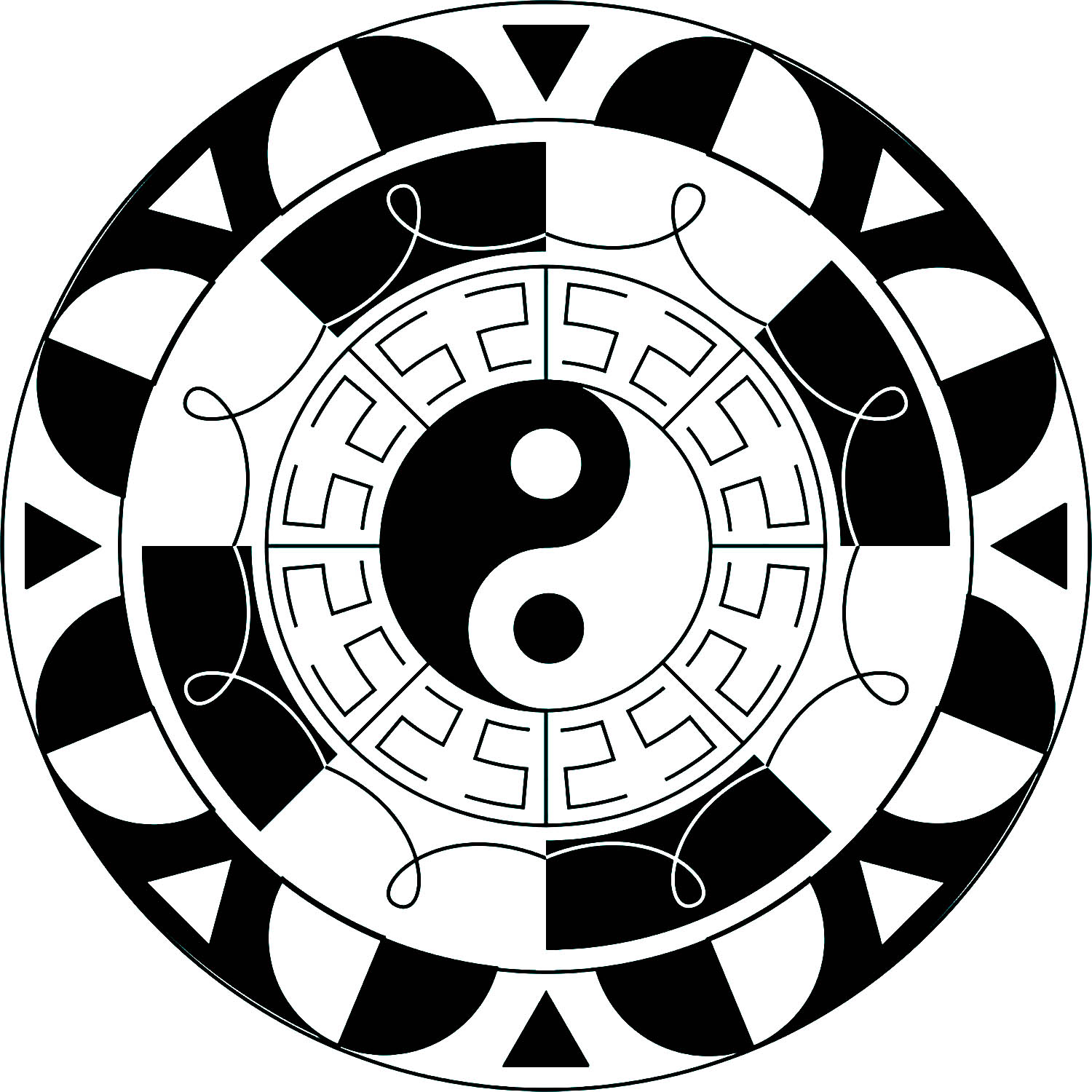 Mandala simple avec symbole Yin & Yang au milieu, et éléments noirs et blancs
