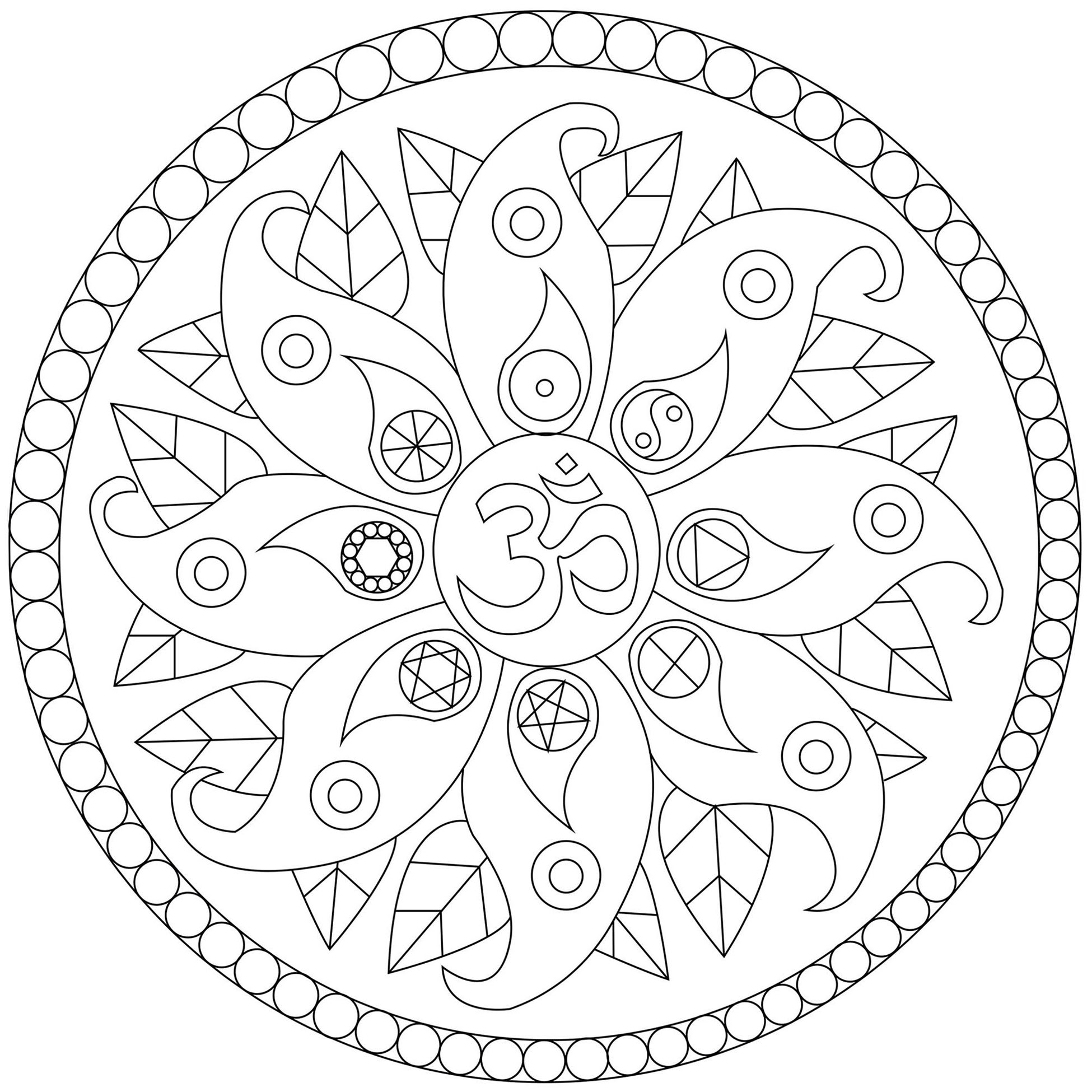 Joli Mandala avec divers symboles comme le Yin et le Yang, le symbole Om .., Artiste : Caillou