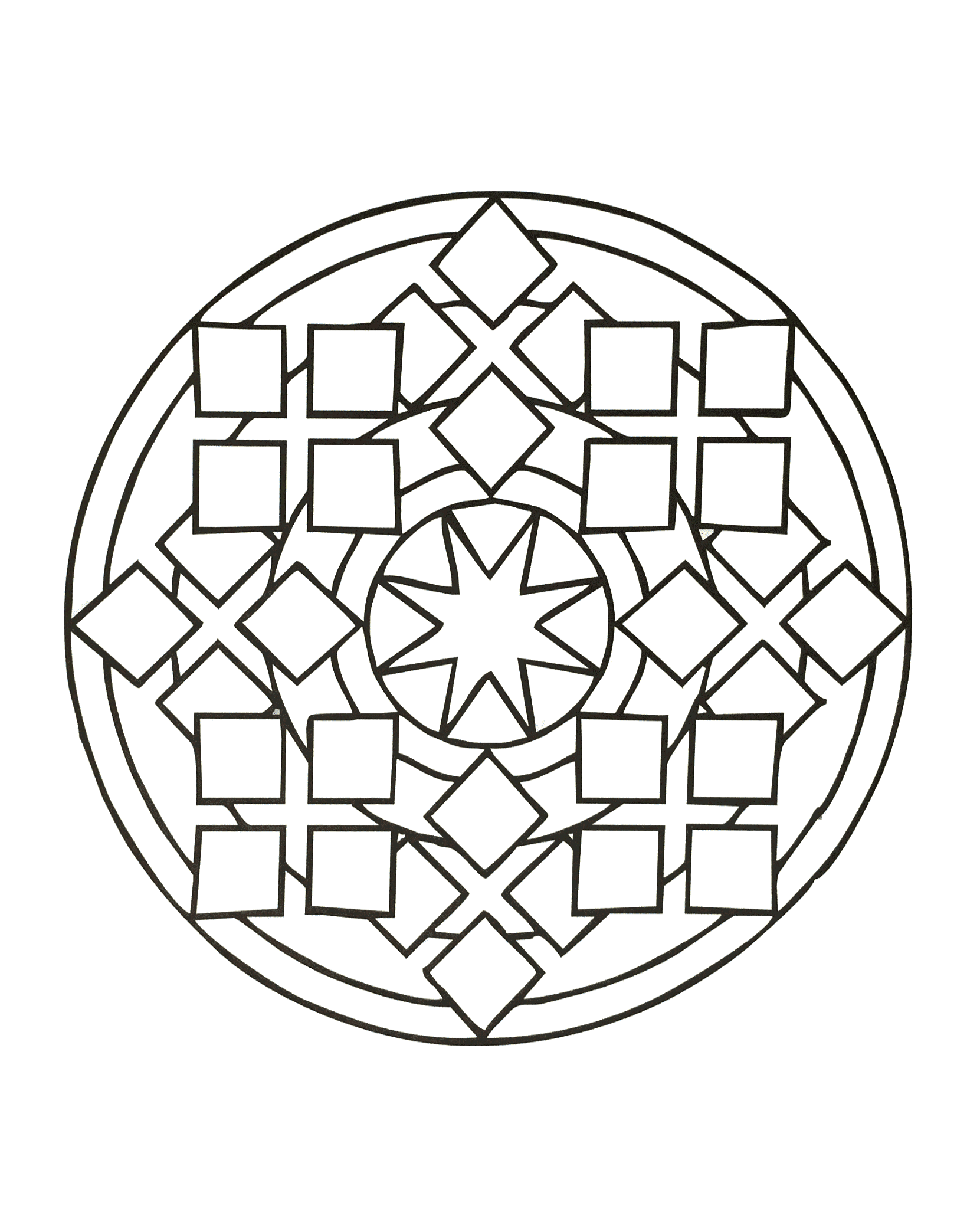 Mandala de forme géométrique où figure différentes formes géométriques (carrés, losanges, étoile, cercles).