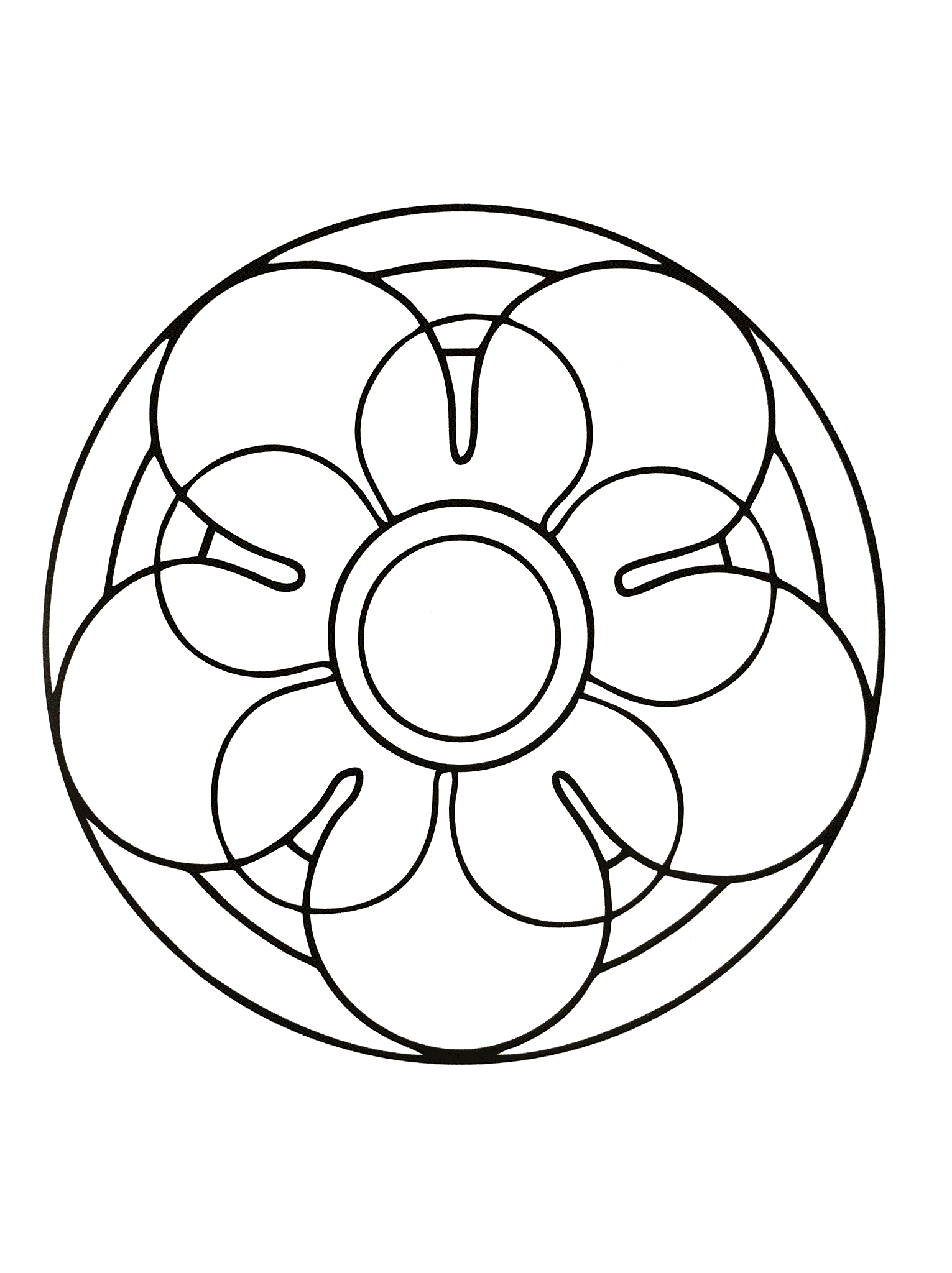 Mandala à colorier représentant une fleur ainsi qu'un cercle au centre. Très facile à colorier.