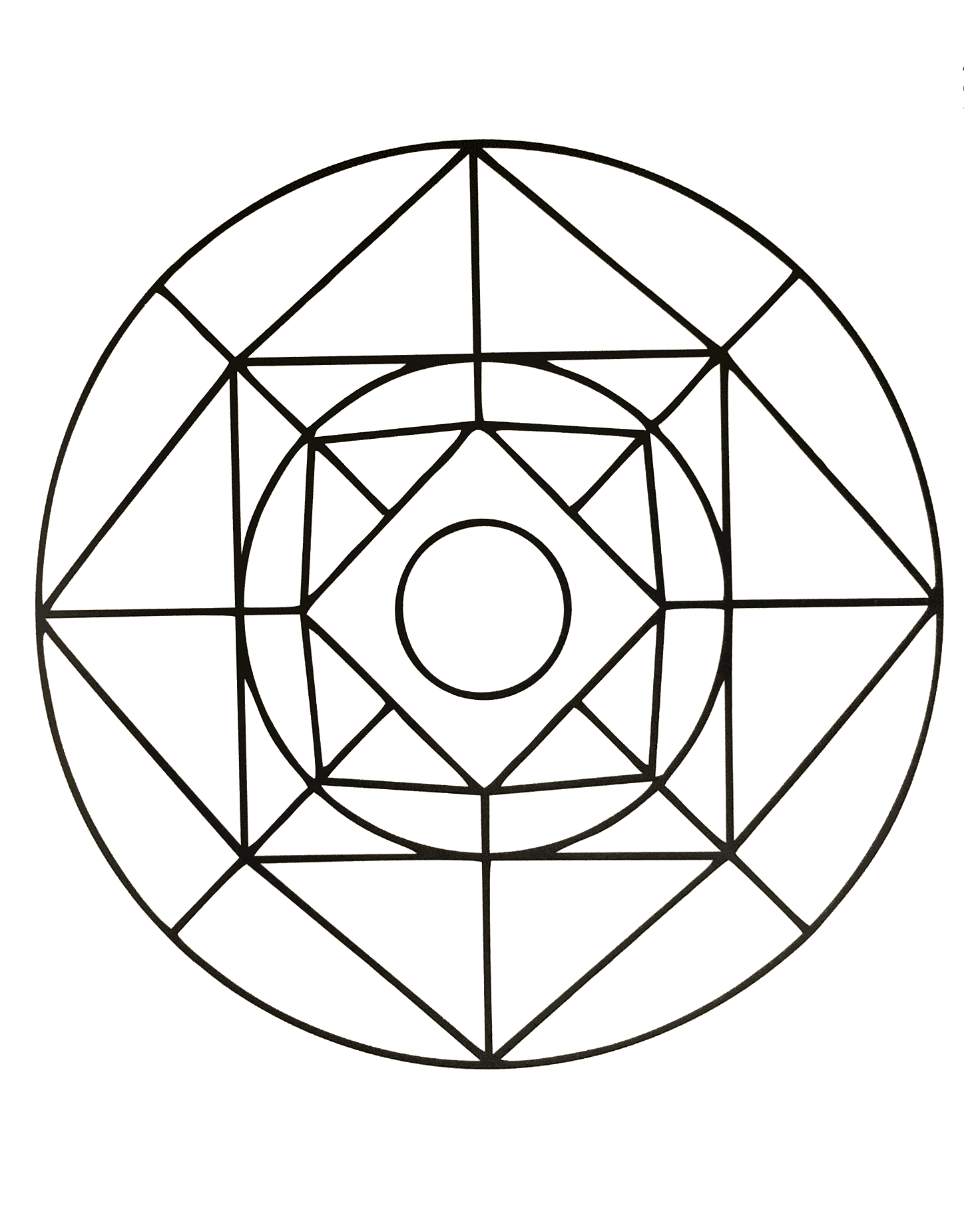 Joli mandala de forme géométrique où figure plusieurs carrés et un cercle au milieu. Assez facile à colorier.