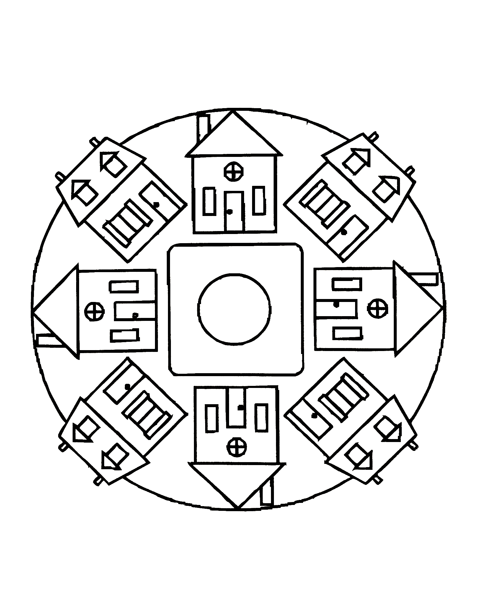 Très joli mandala symétrique où figure deux types de maisons. Assez simple à colorier.