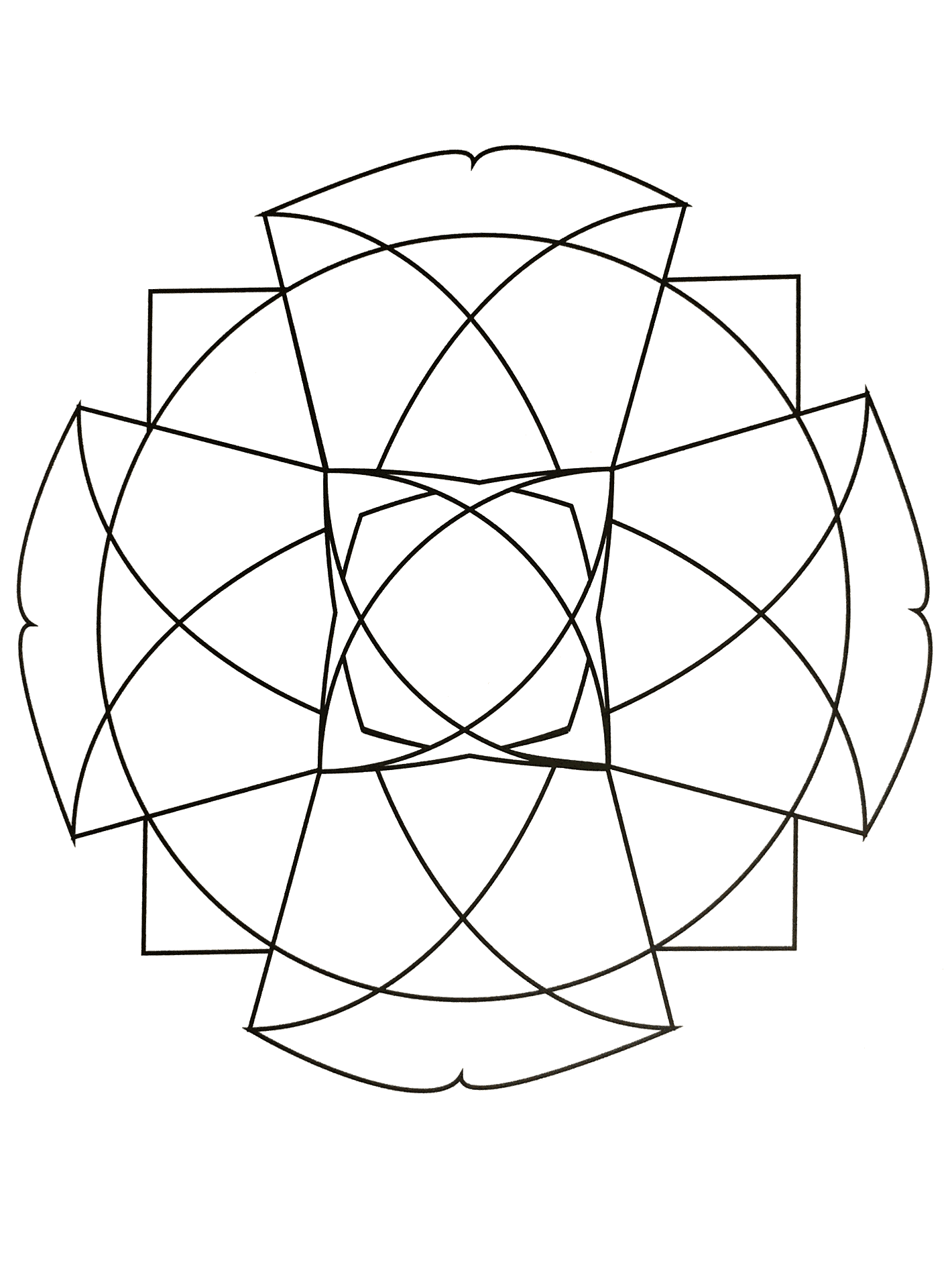 Mandala à imprimer représentant une grande croix ainsi que d'autres formes géométrique (triangle, losange...).