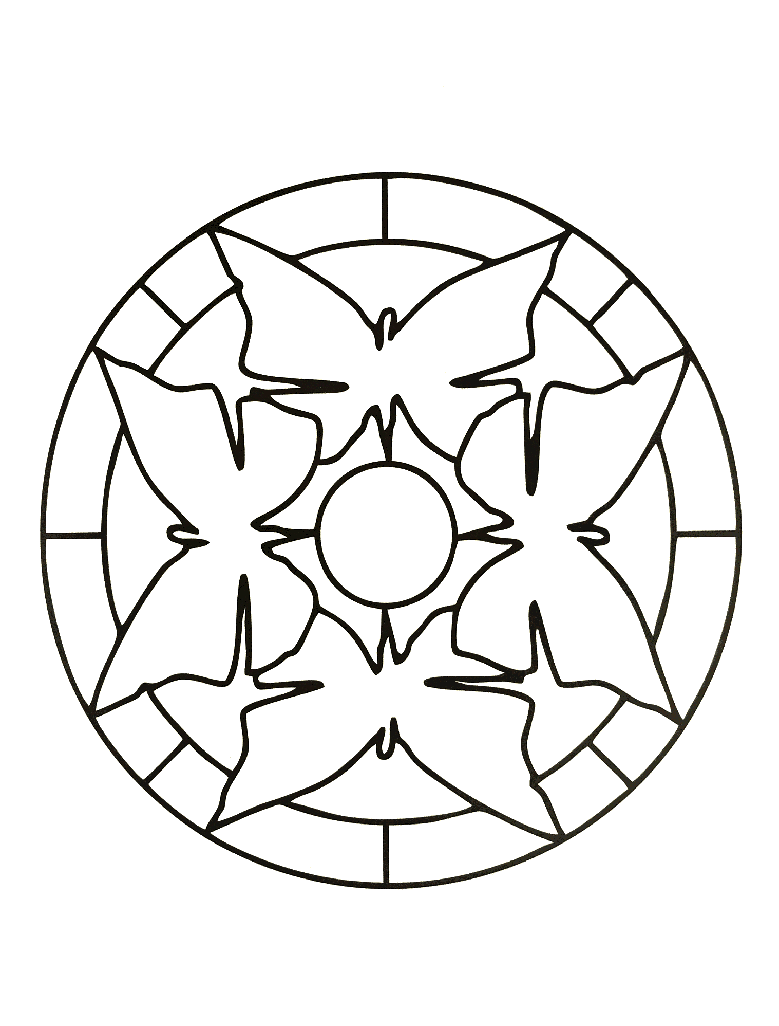 Joli mandala avec de jolis papillons et un cercle au milieu. Assez simple à colorier.