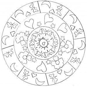 Joli mandala simple avec coeurs et lunes