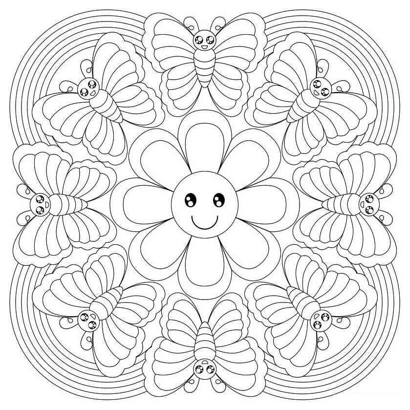 Voici un coloriage de Mandala d'une grande originalité, avec des papillons, et une belle petite fleur au milieu.