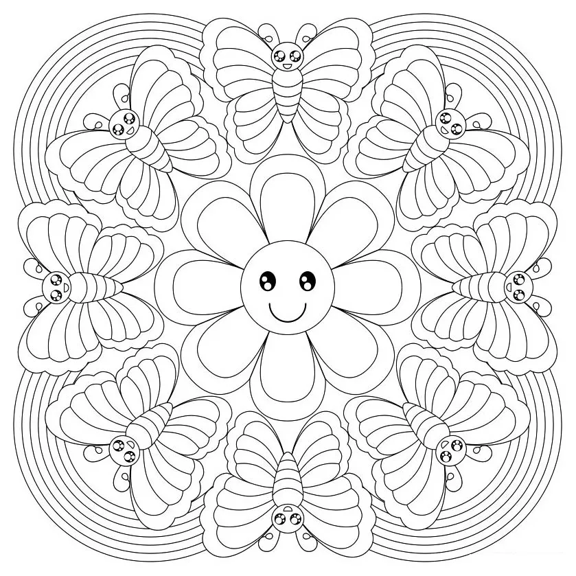 Mandala gratuit petite fleur et papillons (Mandalas sur le thème des Fleurs et végétation)