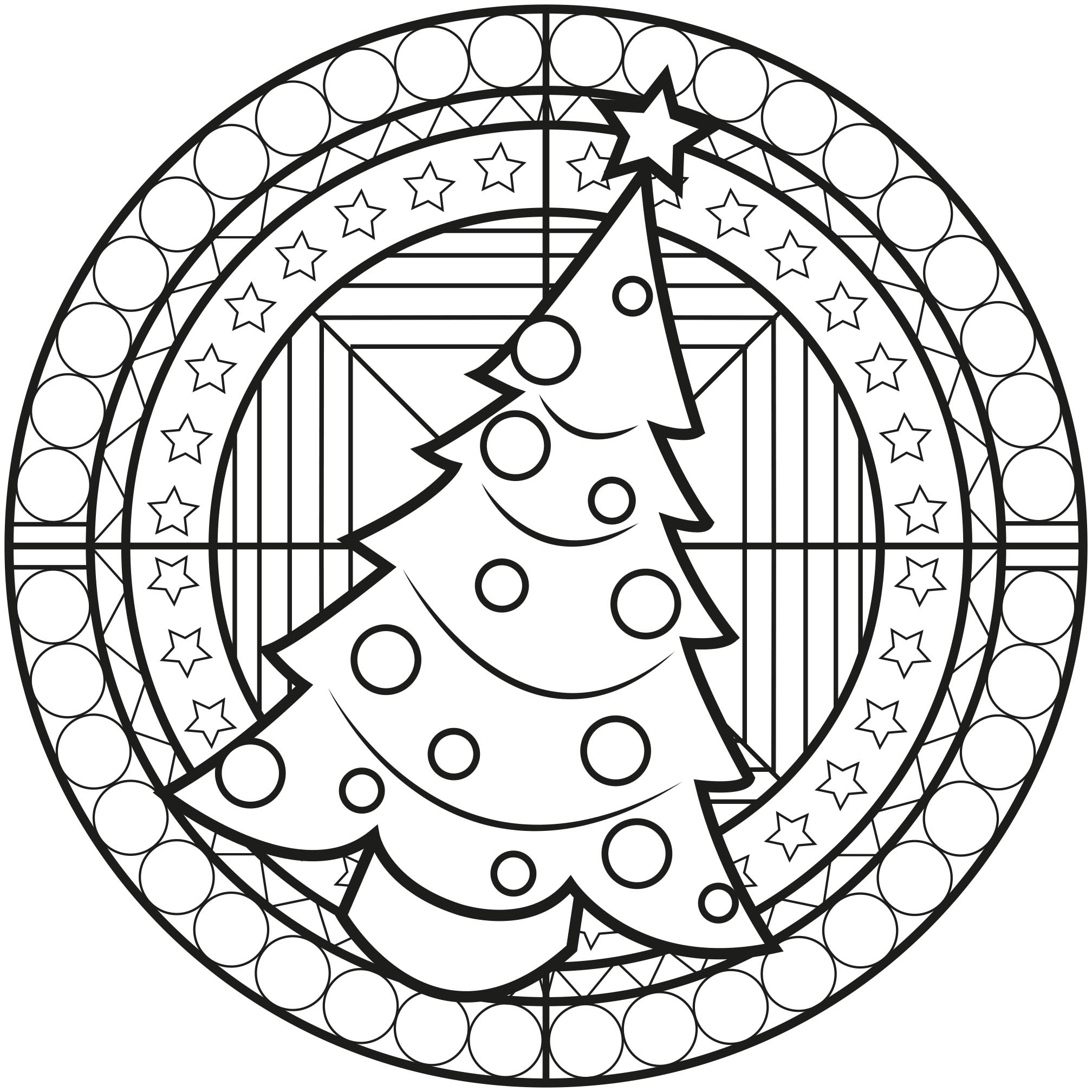 Sapin de Noël dans un Mandala, avec de jolis motifs. Un coloriage parfait pour les enfants.