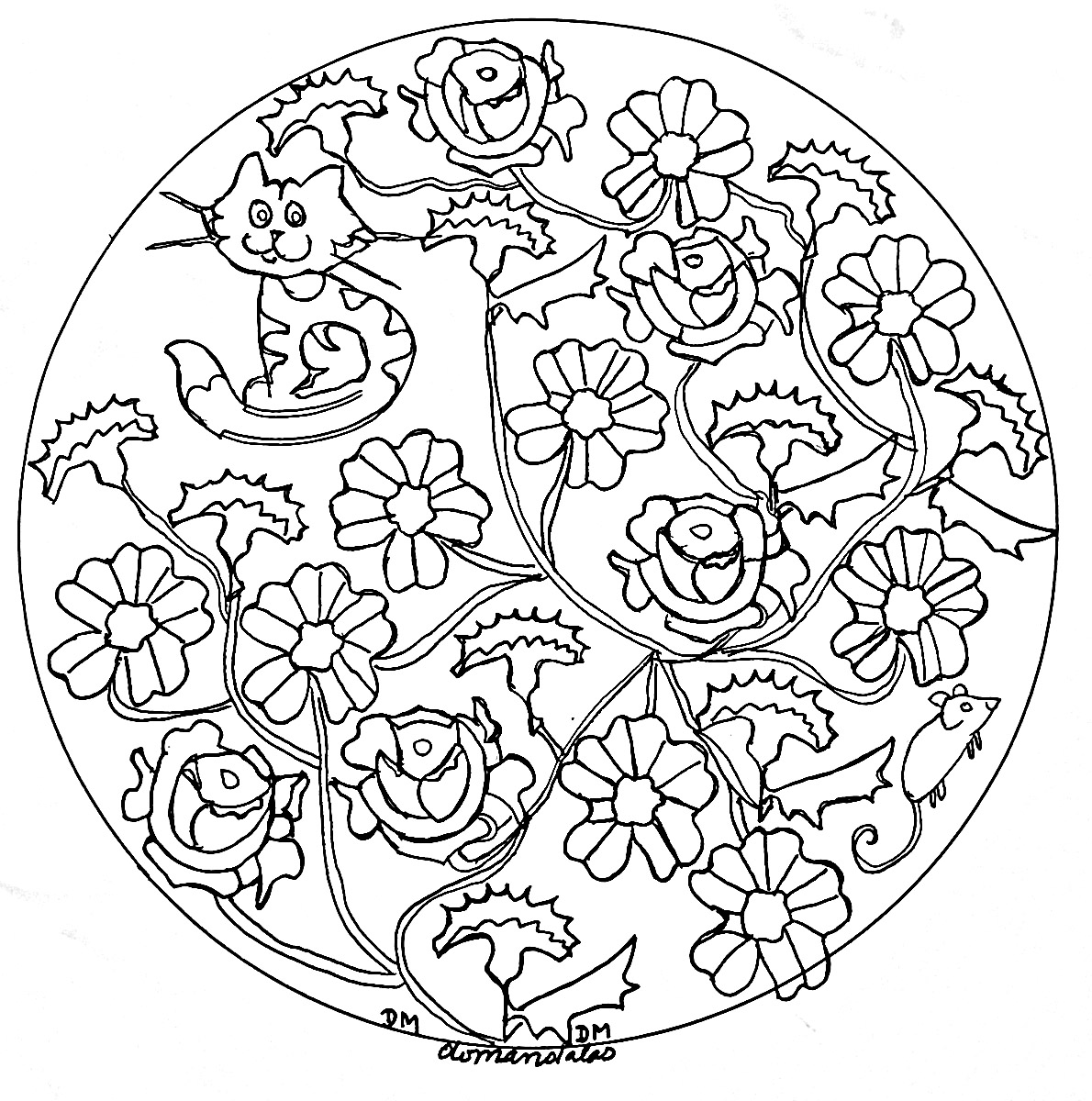 Les éléments végétaux se marient souvent très bien avec les Mandalas, c'est le cas avec ce coloriage d'une grande élégance. Ces fleurs sont très réalistes et dessinées à la main.