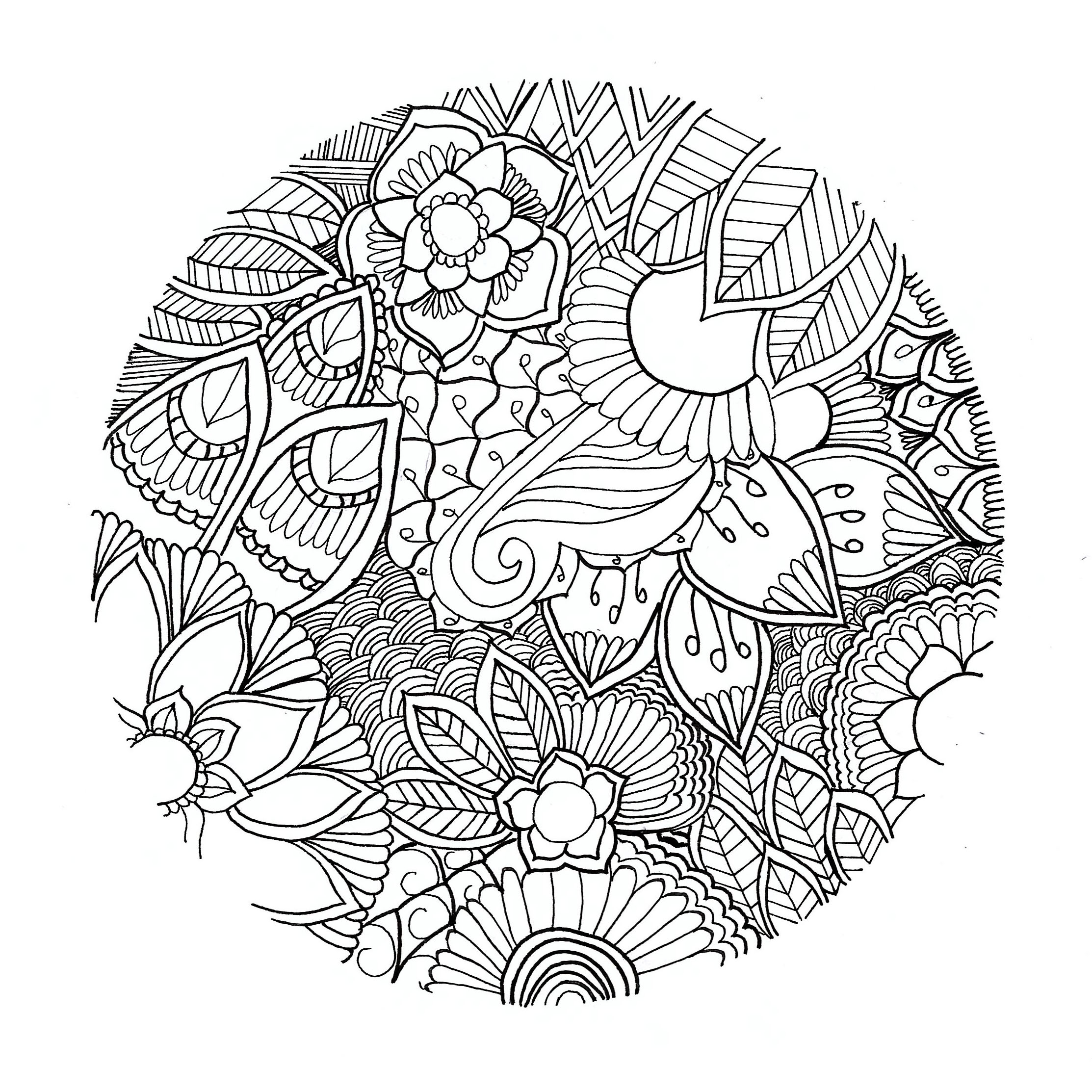 Un mandala fleuri original et très léger, et sans contour ! Par Chloé. Il s'agit d'un cercle intégrant des fleurs dessinées de manière réaliste, et non symétriques.