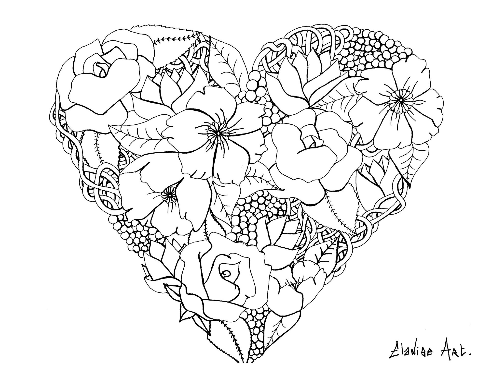 Joli coeur fleuri, par Elanise. Ce n'est pas vraiment un Mandala mais un coloriage composé d'un coeur intégrant des fleurs réalistes.