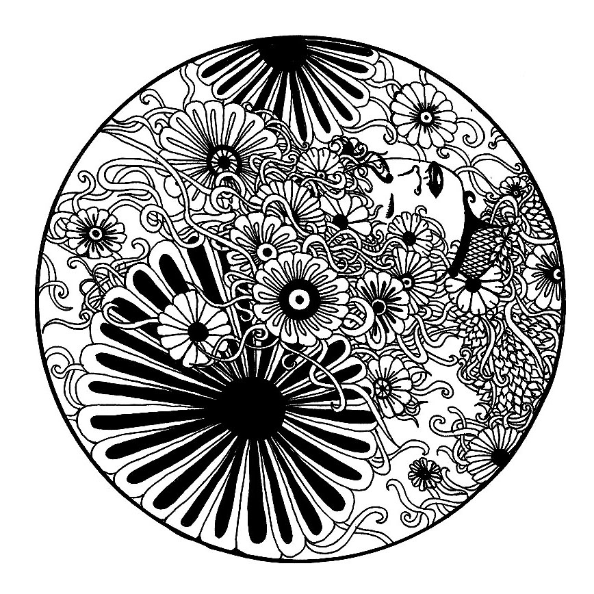 Fleurs en Noir & Blanc intégrés à un Mandala, par Elanise. Il est assez original car il n'est pas symétrique, c'est donc un Mandala assez spécial mais plaisant.