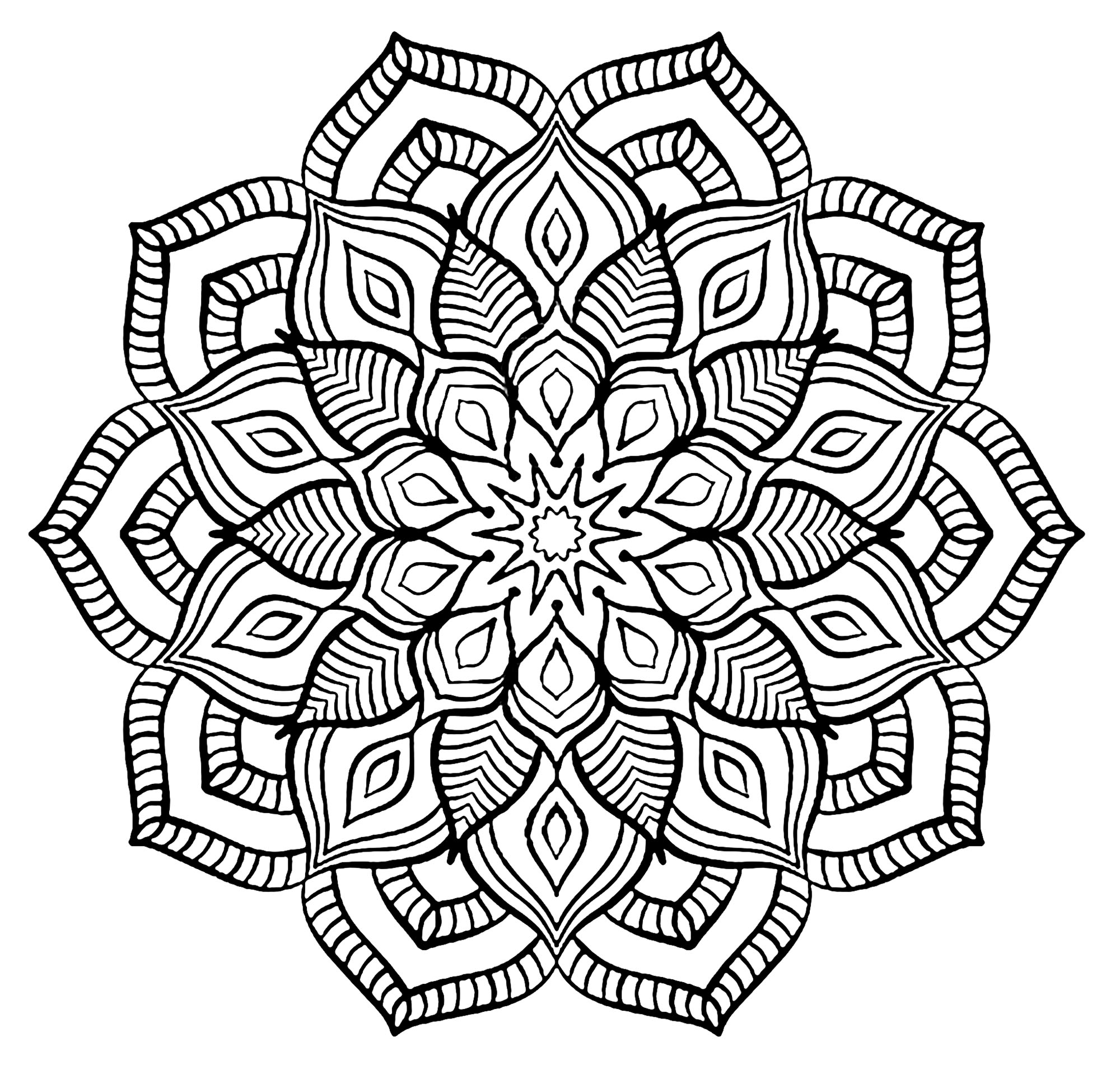 Simple Mandala fleuri, aux traits de diverses épaisseurs. Les différents pétales et éléments ont des niveaux de détail totalement différents.