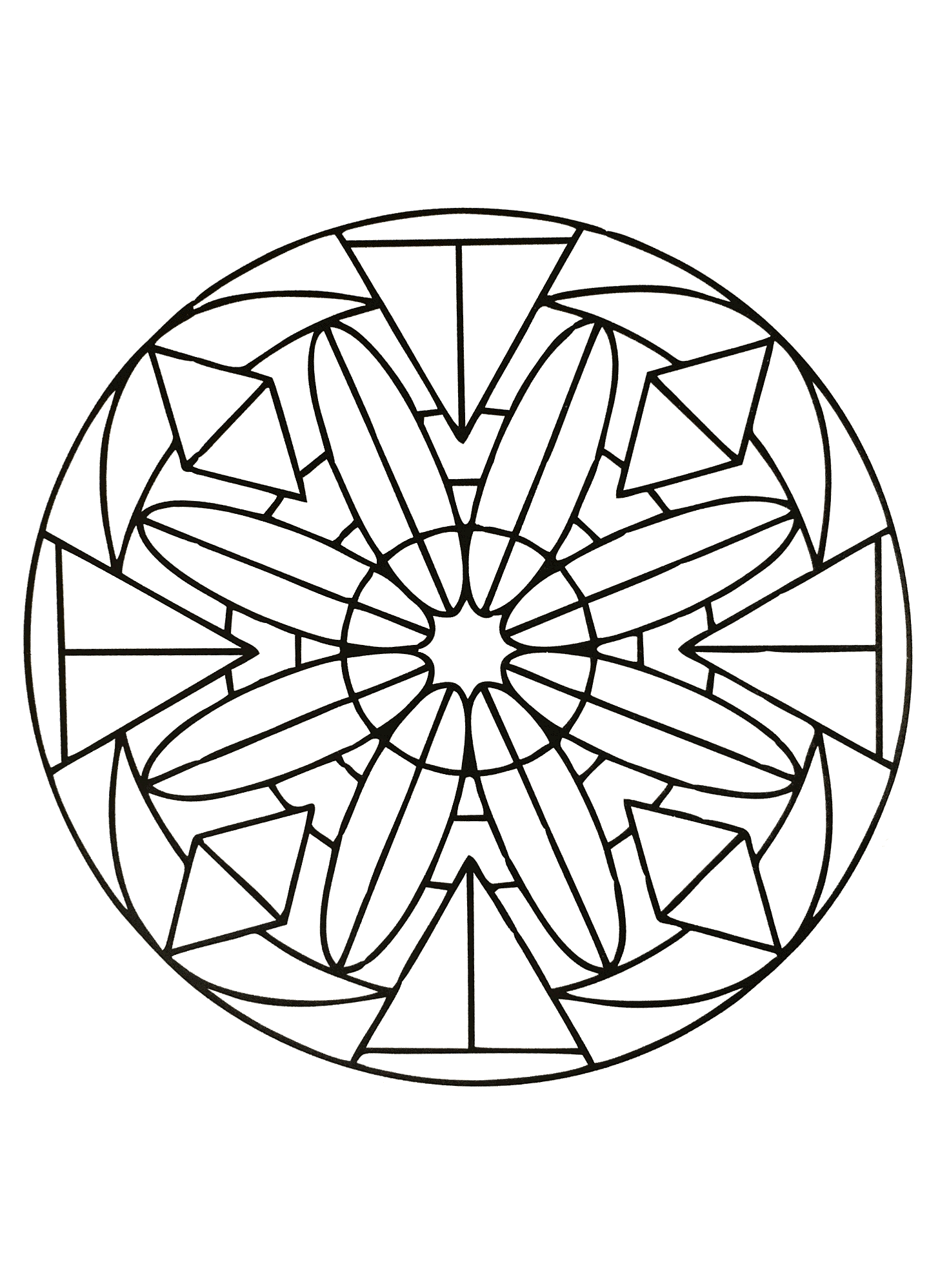 Ne vous laissez pas hypnotiser par ce superbe Mandala composé de formes variées et régulières. A vous d'utiliser les techniques que vous préférez pour le mettre en valeur : feutres, crayons, peinture ...