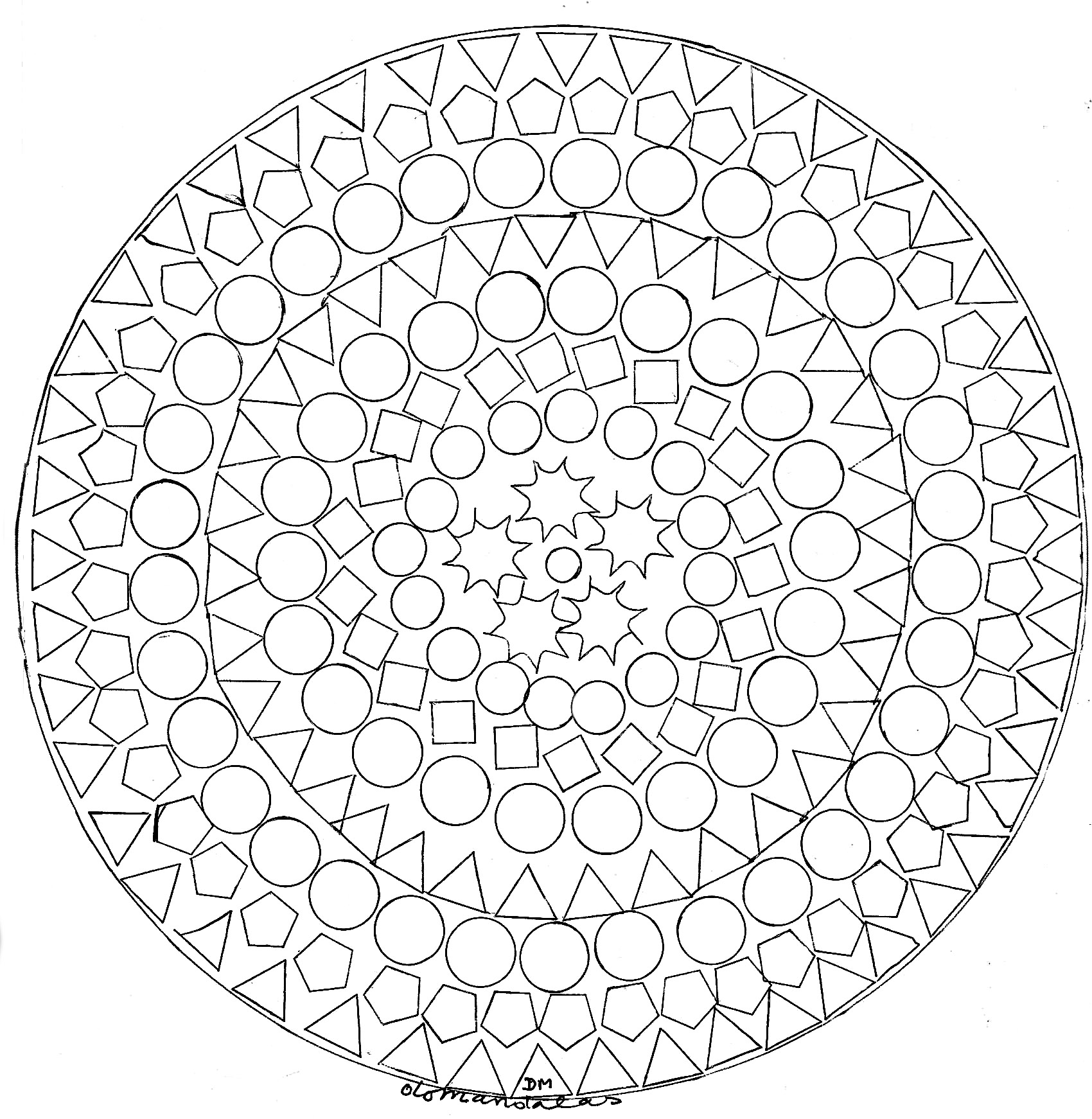 Ne vous laissez pas hypnotiser par ce superbe Mandala composé de formes variées et régulières. A vous d'utiliser les techniques que vous préférez pour le mettre en valeur : feutres, crayons, peinture ...