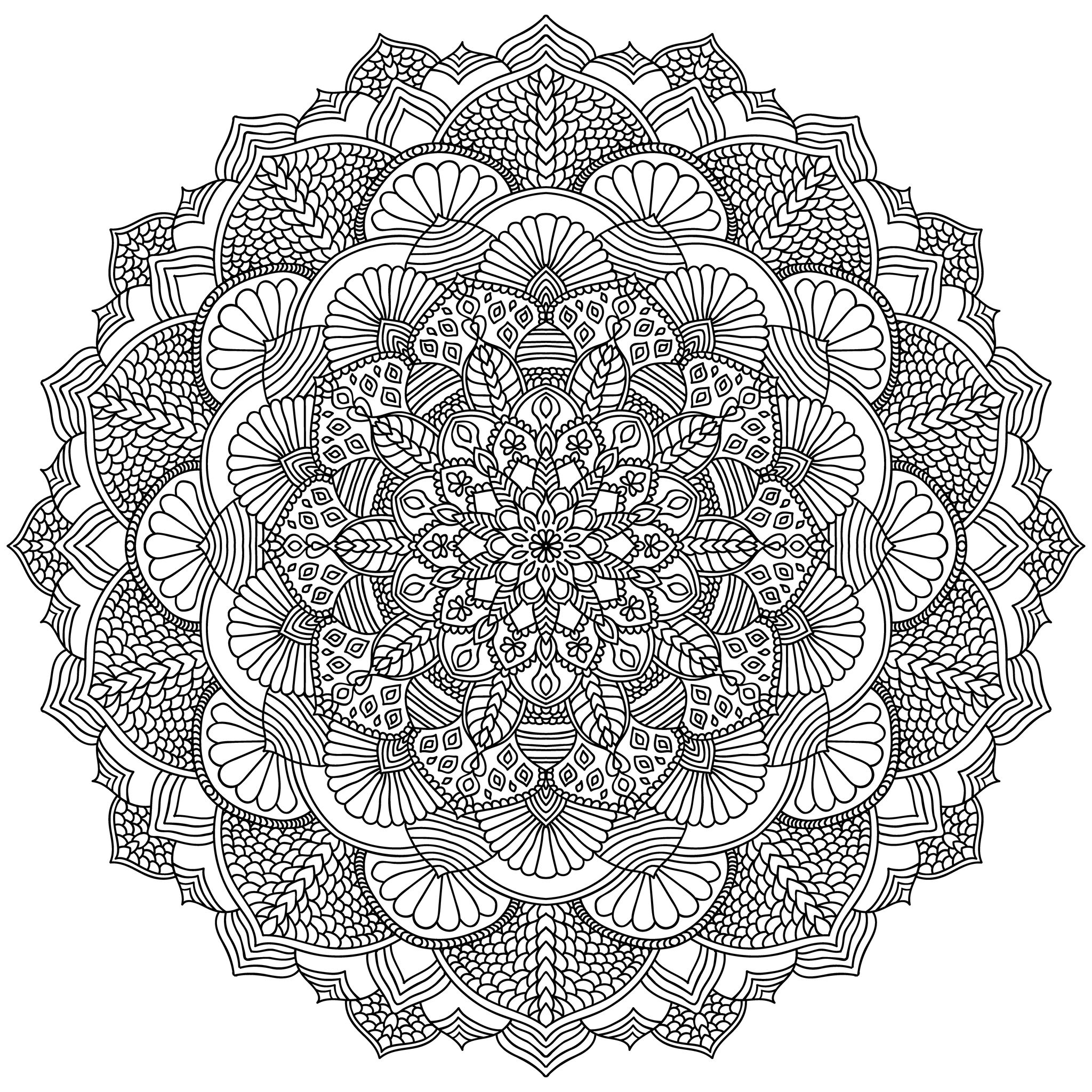 Ne vous laissez pas hypnotiser par ce superbe Mandala composé de formes variées et régulières. A vous d'utiliser les techniques que vous préférez pour le mettre en valeur : feutres, crayons, peinture ...