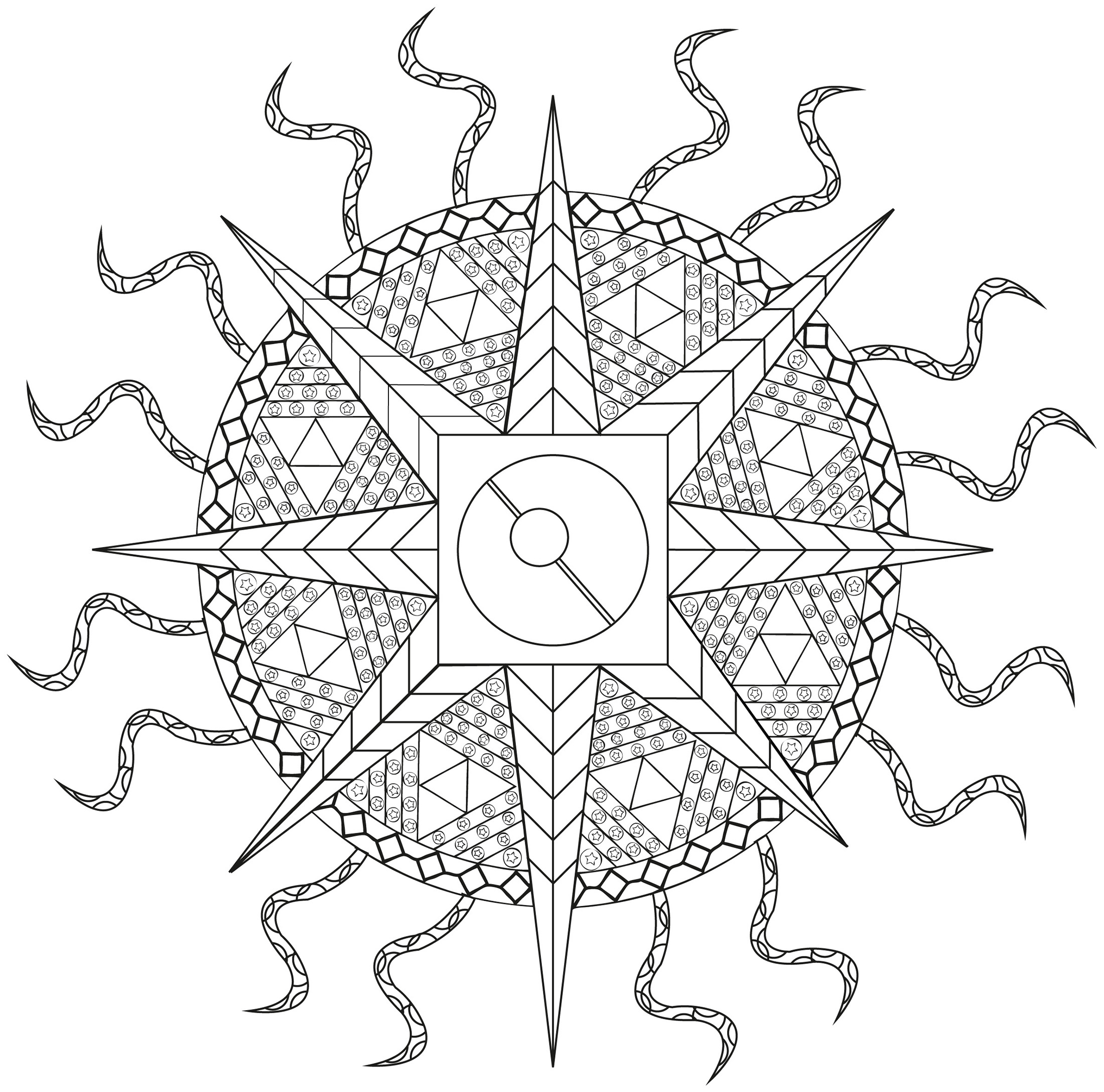 Un Mandala composé de formes géométriques, avec des tentacules