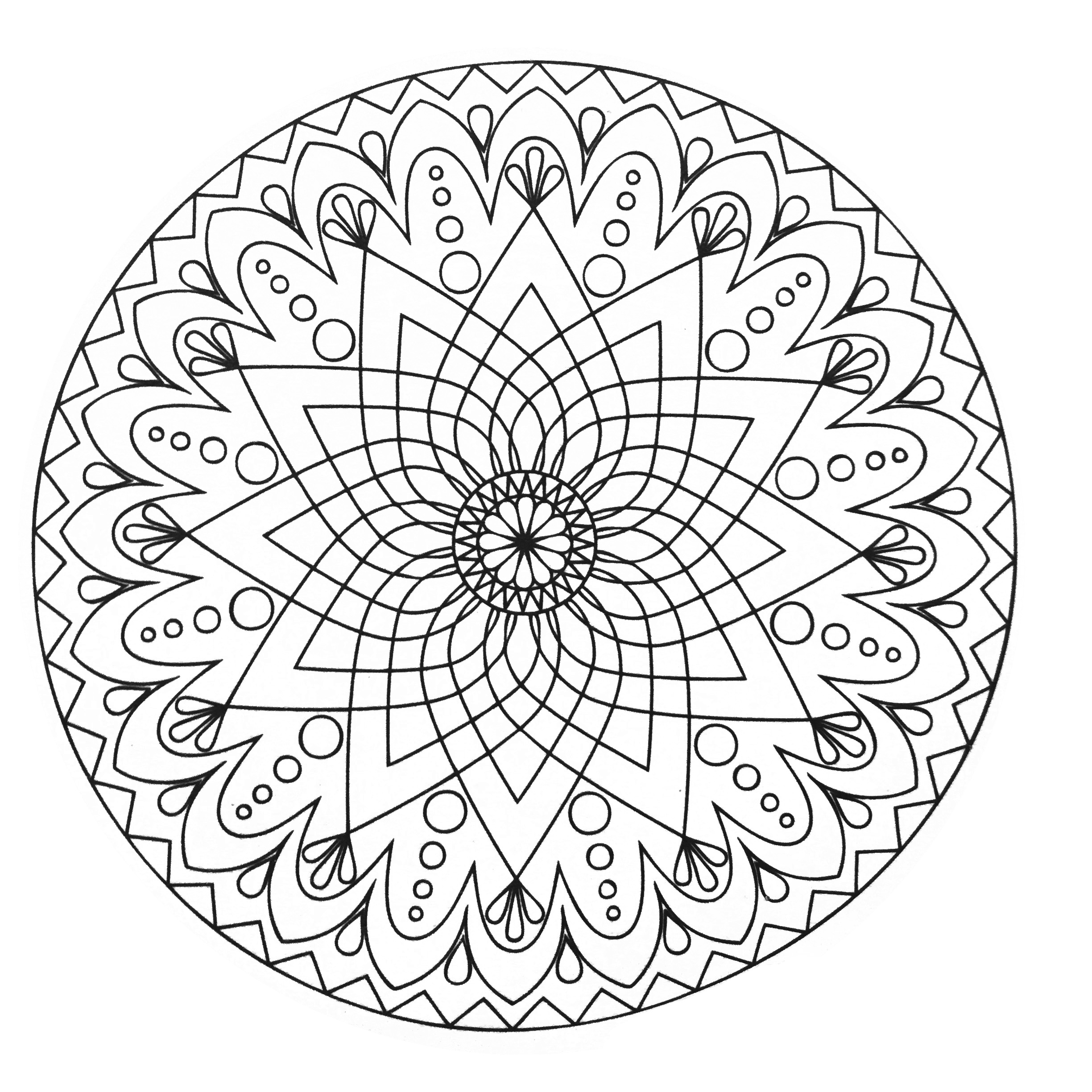 Détendez vous avec ce très beau Mandala comportant des formes très régulières et symétriques, dessinées avec grand talent.