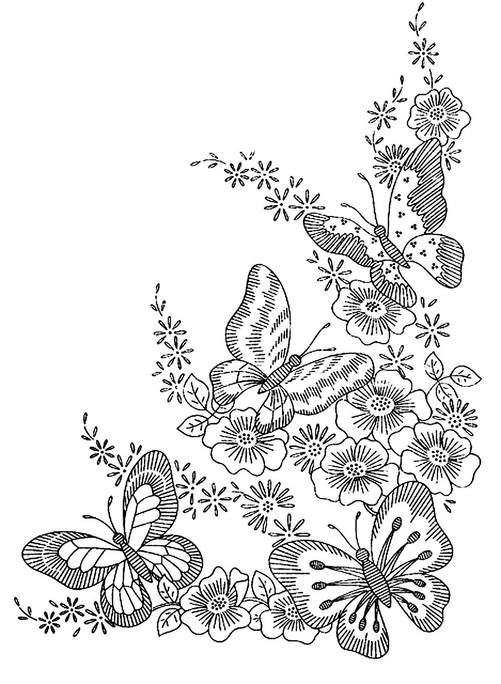 coloriage adulte difficile papillons fleurs free to print
