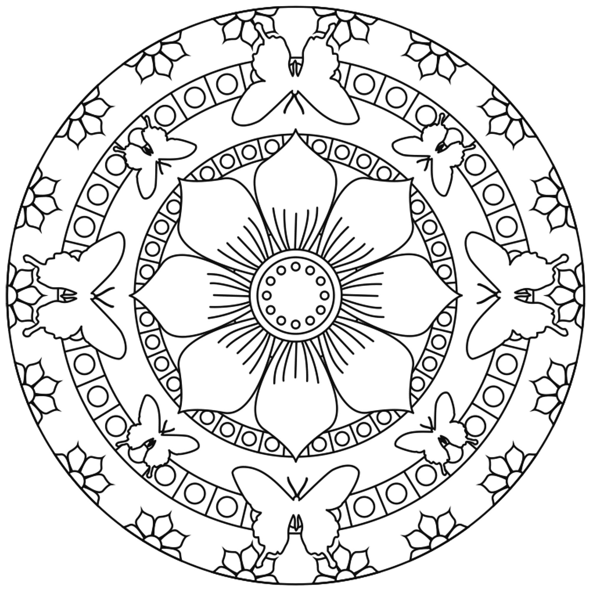 Des détails relativement faciles à colorier, pour un coloriage de Mandala 'papillons & fleurs' très original et de grande qualité.