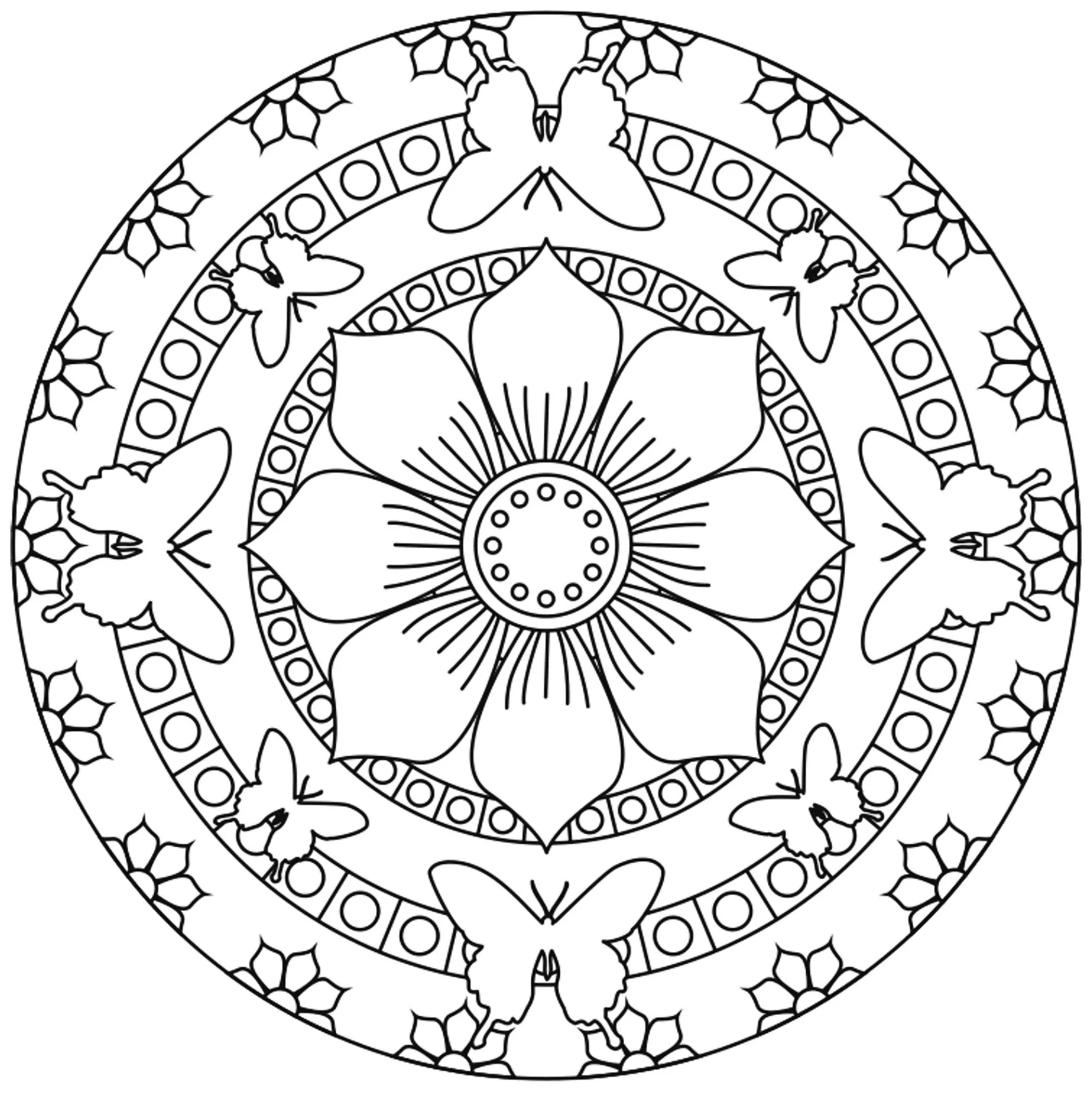 Mandalas papillons et grosse fleur au milieu (Mandalas de difficulté normale)