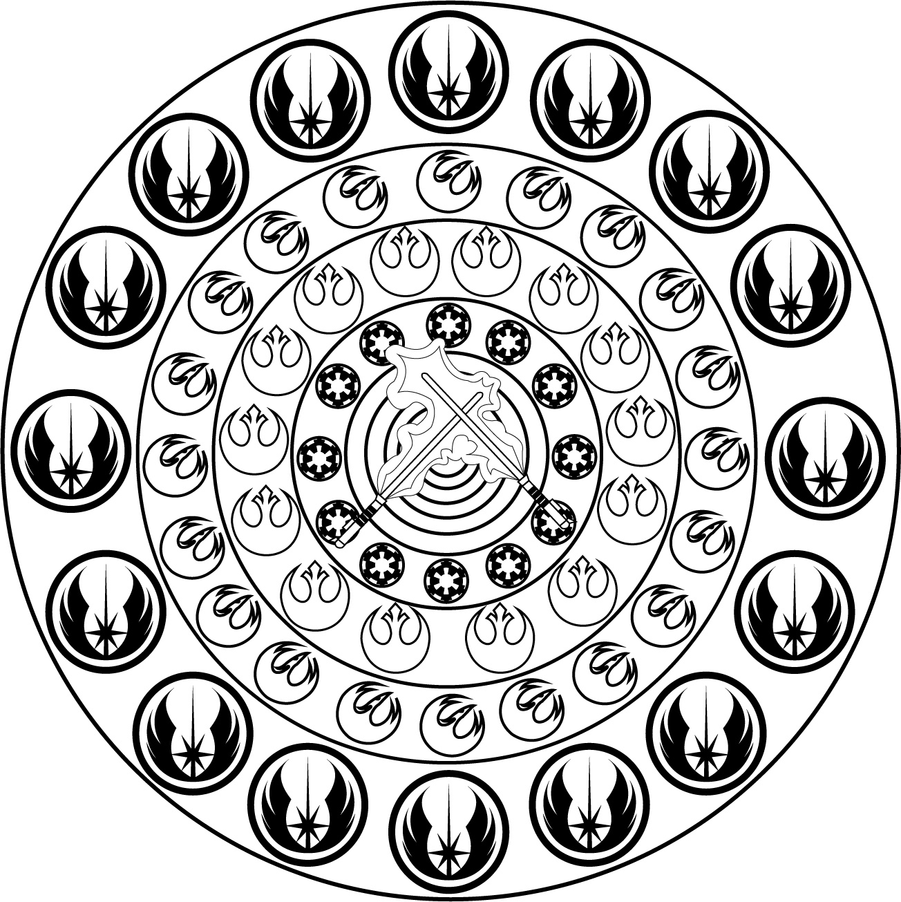 Mandala inspiré par l'univers de Star Wars, assez simple à colorier, avec notamment le fameux symbole de la rebellion.