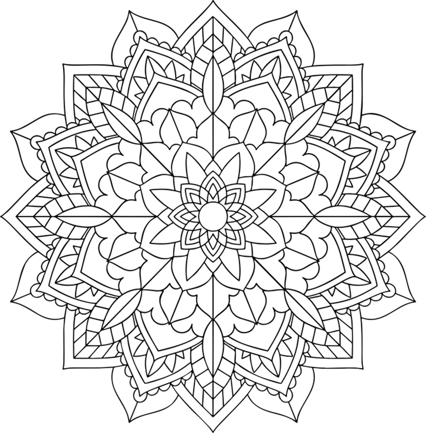 Des détails assez faciles à colorier, avec zones très claires, pour un coloriage de Mandala sombre très original et de grande qualité.