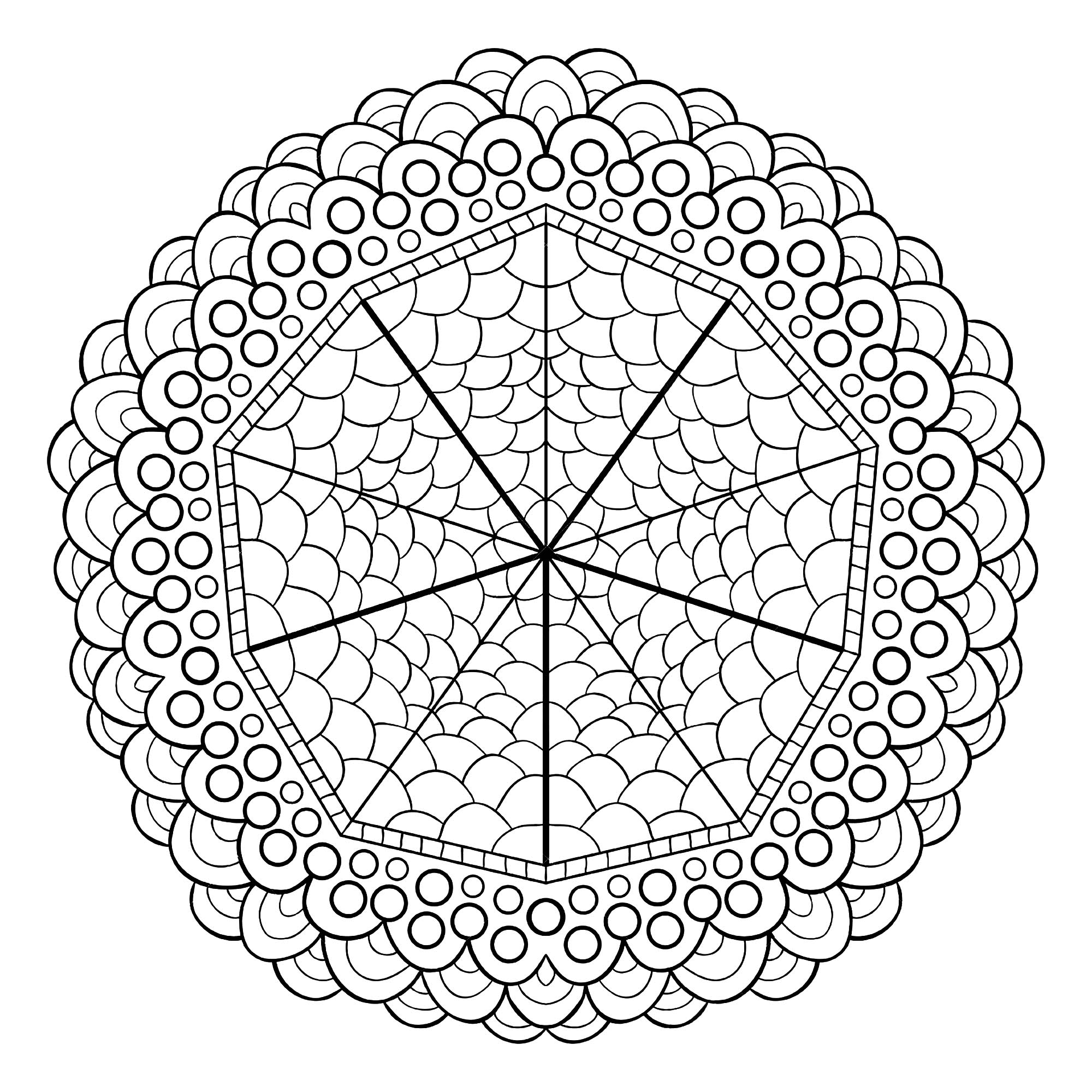 Un Mandala avec des cercles de tailles diverses, de difficulté 'normale', qui conviendra aux enfants et aux adultes qui souhaitent des coloriages ni trop simples ni trop difficiles.