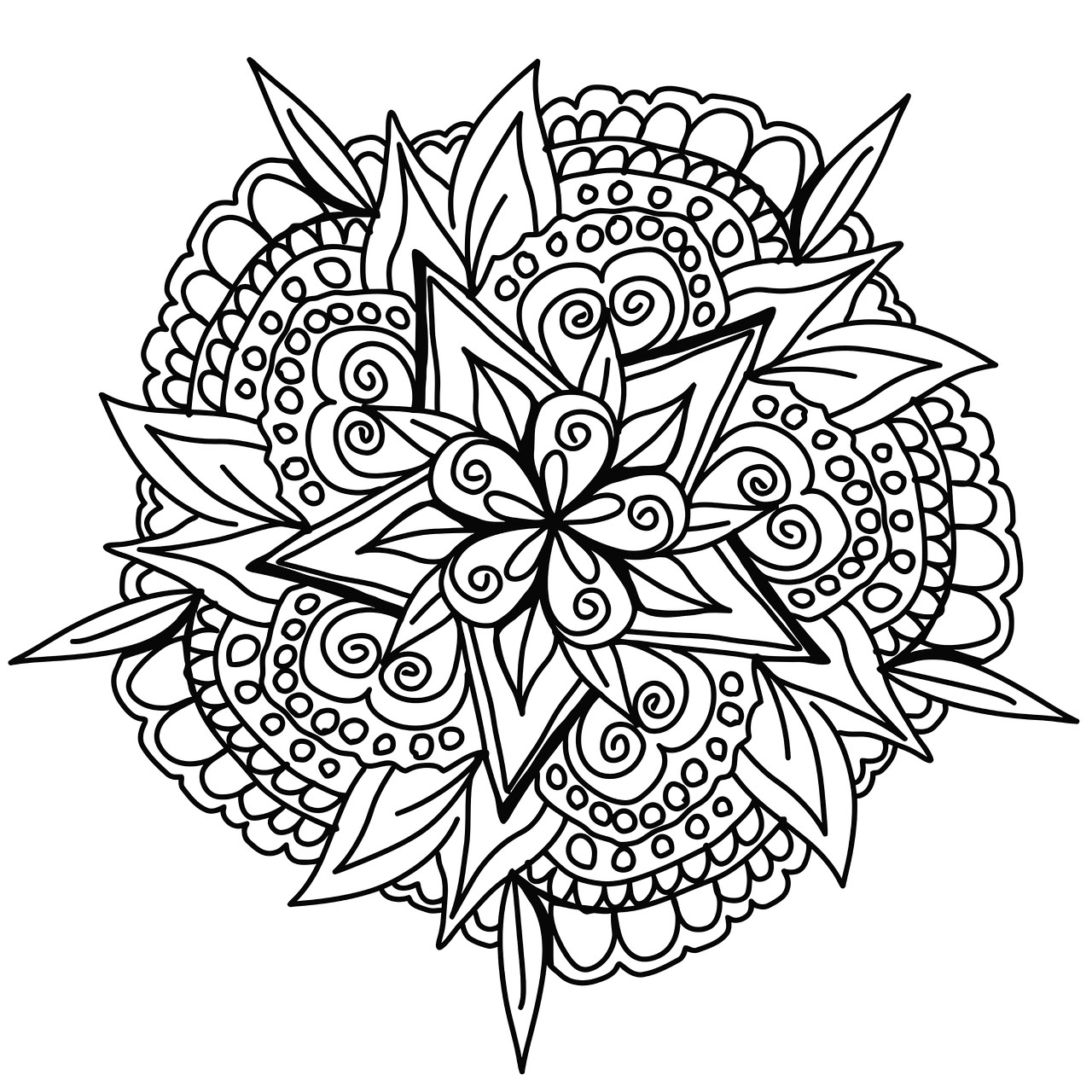 Des lignes épurées pour un Mandala végétal dessiné à la main, avec de belles feuilles, fleurs et éléments abstraits.