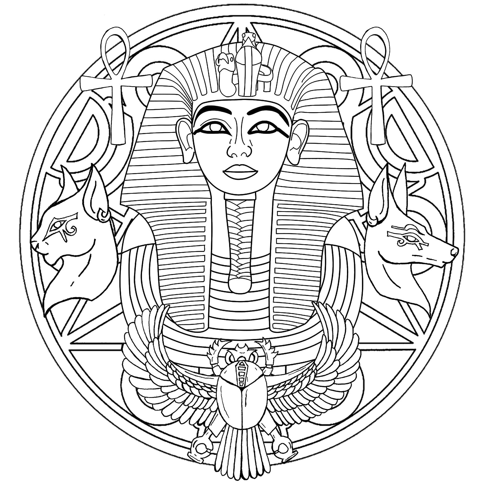 Toutânkhamon est le onzième pharaon de la XVIIIᵉ dynastie. Voici un Mandala avec en son centre son fameux masque funéraire. Version 2