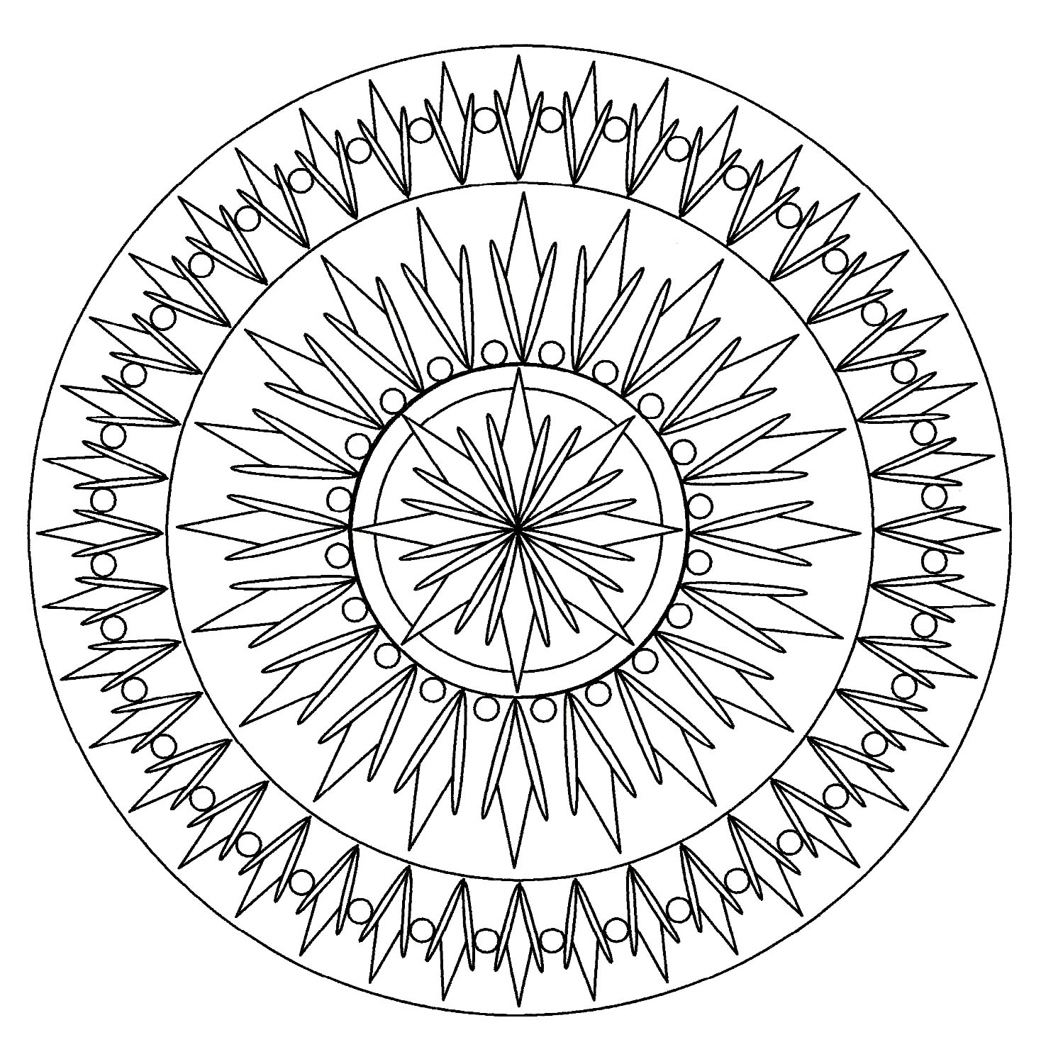 Un Mandala 'soleil' de difficulté 'normale', qui conviendra aux enfants et aux adultes qui souhaitent des coloriages ni trop simples ni trop difficiles.