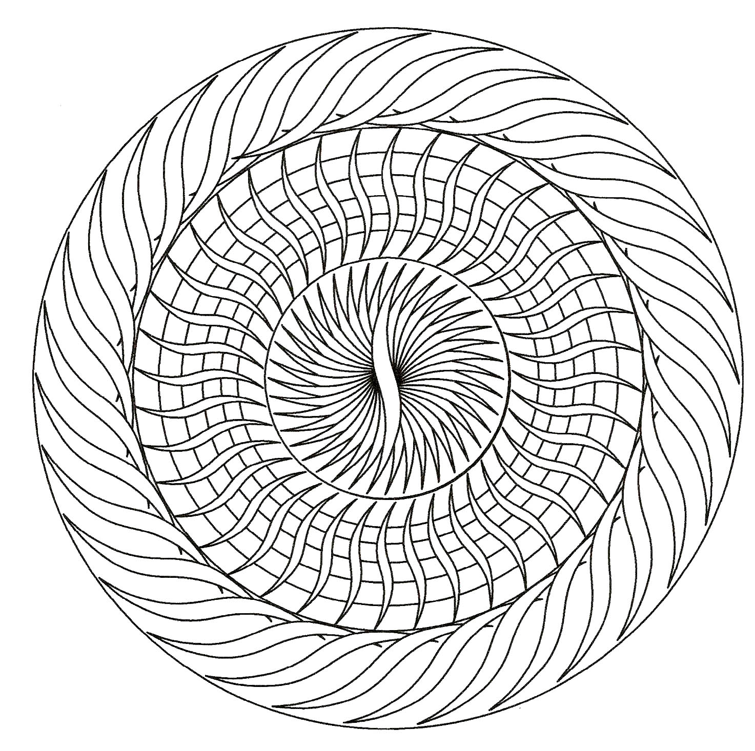 Des détails relativement faciles à colorier, pour un coloriage de Mandala très original et 'en mouvement' et de grande qualité.