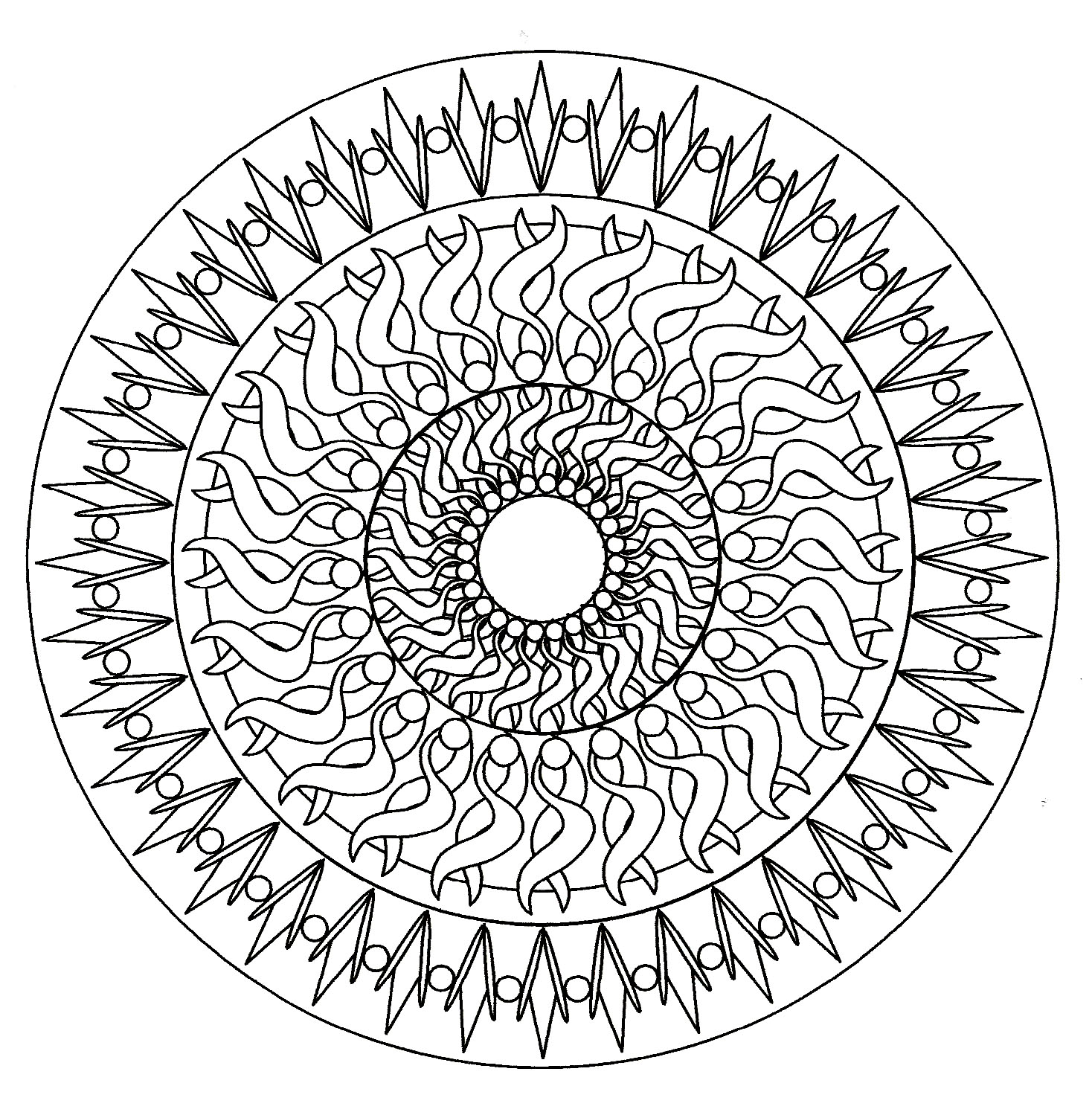 Un Mandala hypnotique de difficulté 'normale', qui conviendra aux enfants et aux adultes qui souhaitent des coloriages ni trop simples ni trop difficiles.