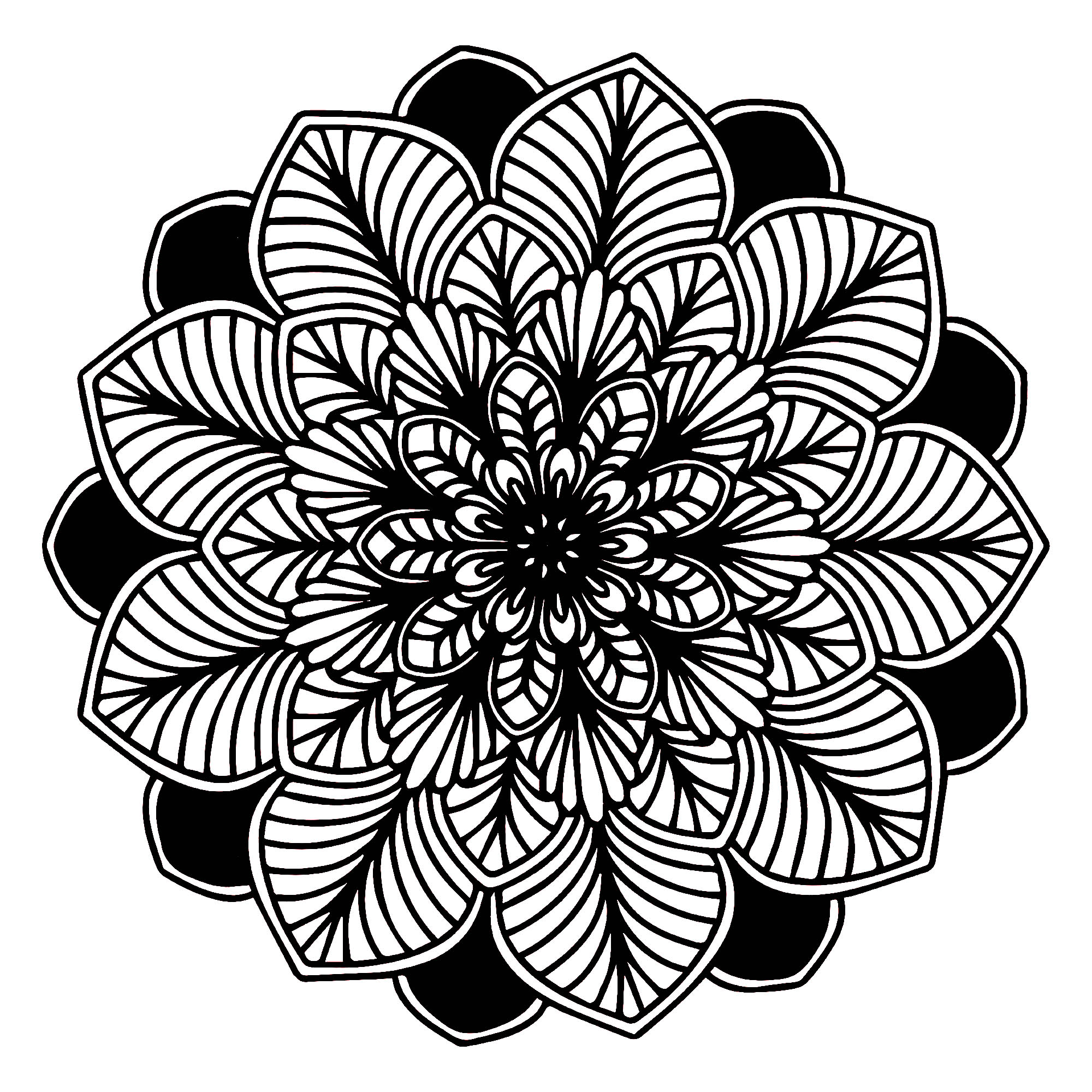 Des détails relativement faciles à colorier, avec zones noires, pour un coloriage de Mandala sombre très original et de grande qualité.