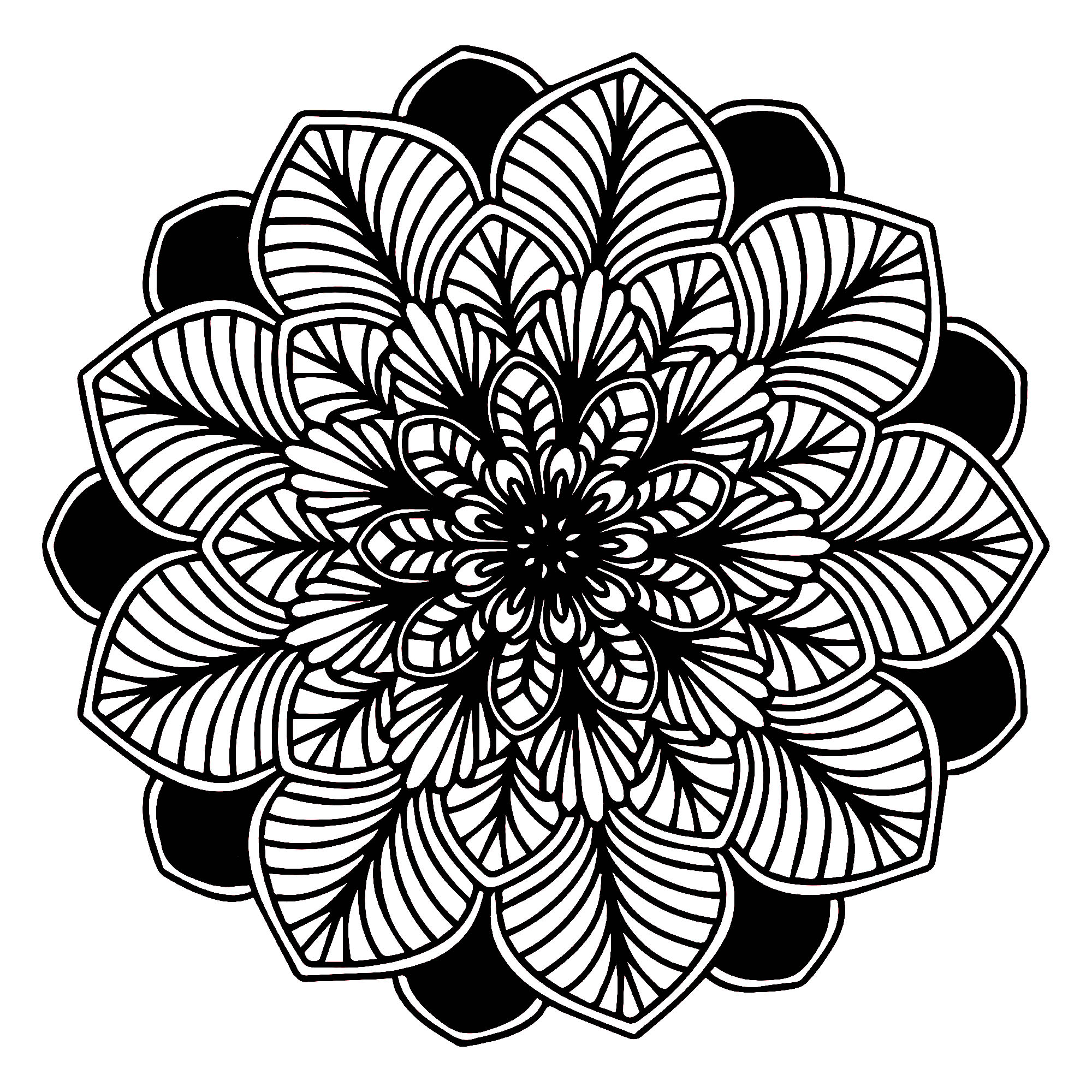 Des détails relativement faciles à colorier, avec zones noires, pour un coloriage de Mandala sombre très original et de grande qualité.