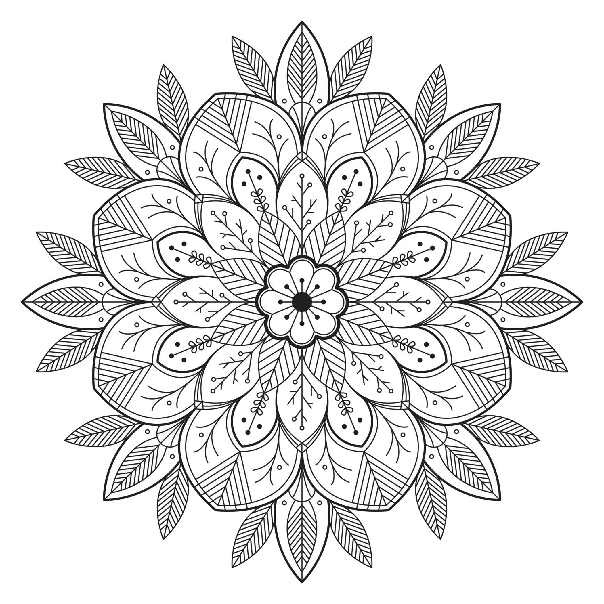 Mandala avec Feuilles et fleurs : Des détails relativement faciles à colorier, pour un coloriage de Mandala très original et de grande qualité.