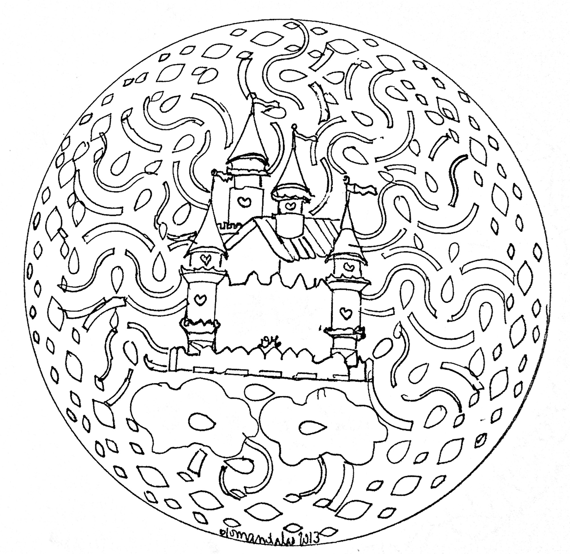 Des détails relativement faciles à colorier, pour un coloriage de Mandala 'chateau des rêves' très original et de grande qualité.